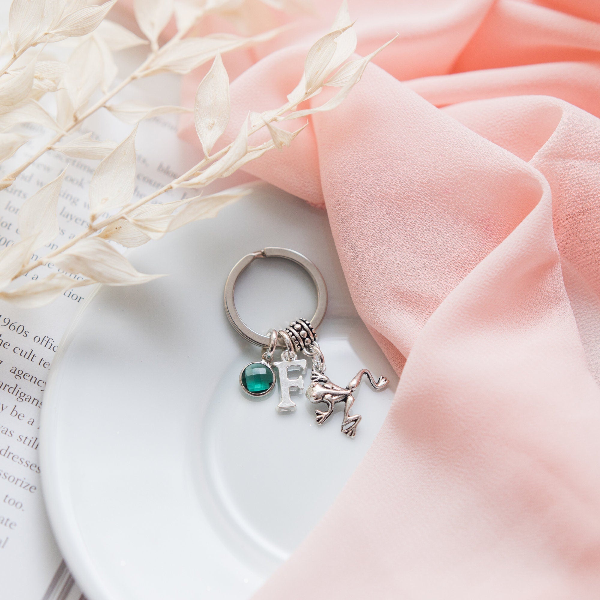 Frog keyring, personalised gifts, birthstone and initial charms, animal keychain, frog gift
