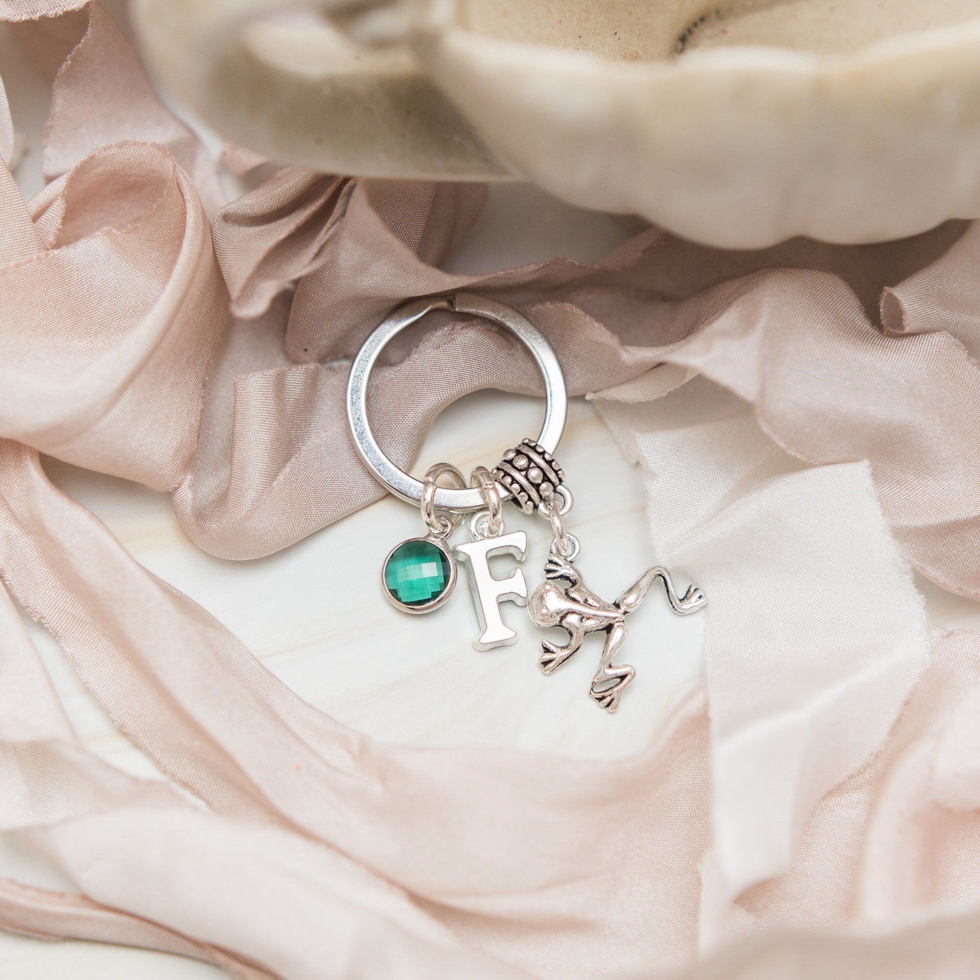 Frog keyring, personalised gifts, birthstone and initial charms, animal keychain, frog gift