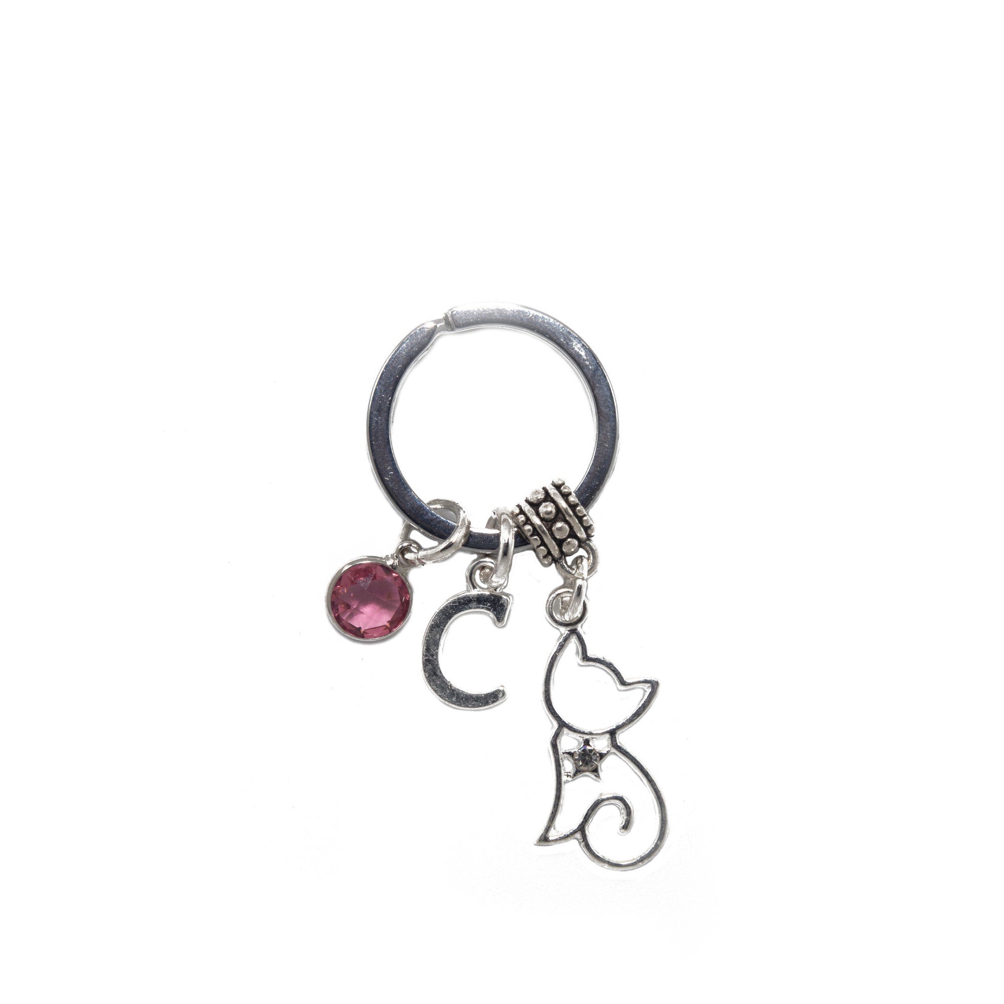 Cat keychain, animal keychain,  personalised gifts, initial birthstone, cat owner gift, pet loss keepsake