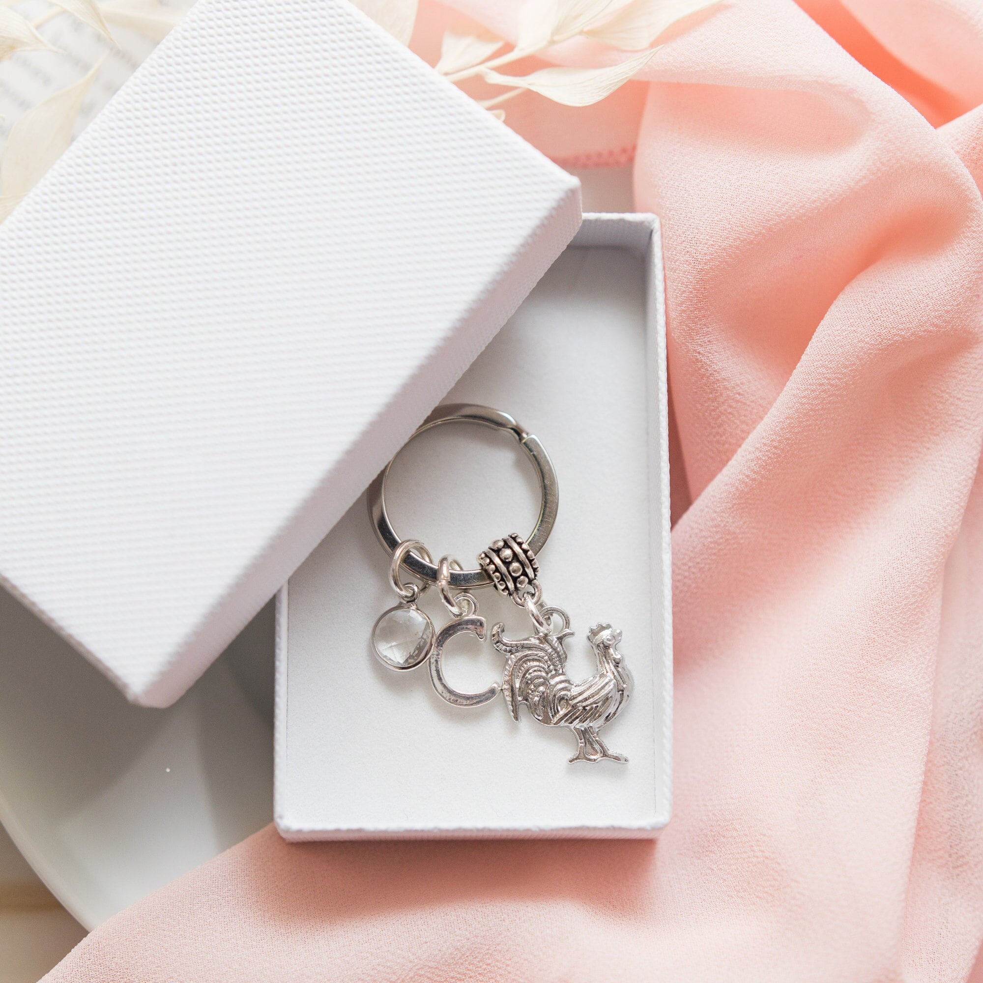 Chicken keychain, rooster keyring, personalised gifts, letter birthstone, farm animal gifts, chicken owner gift