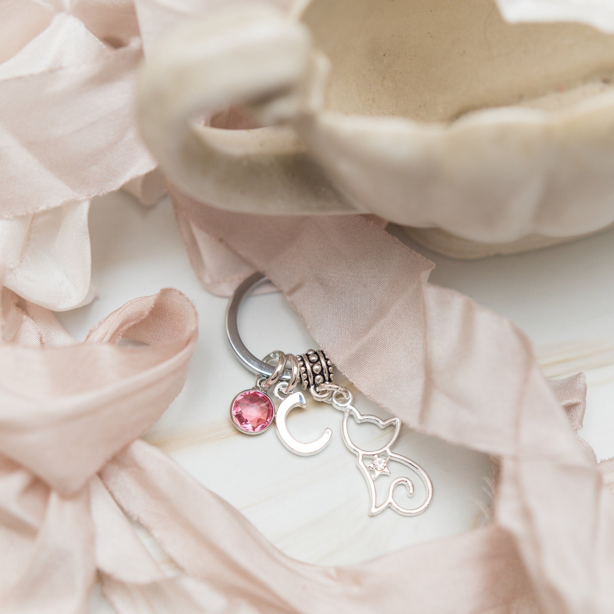 Cat keychain, animal keychain,  personalised gifts, initial birthstone, cat owner gift, pet loss keepsake