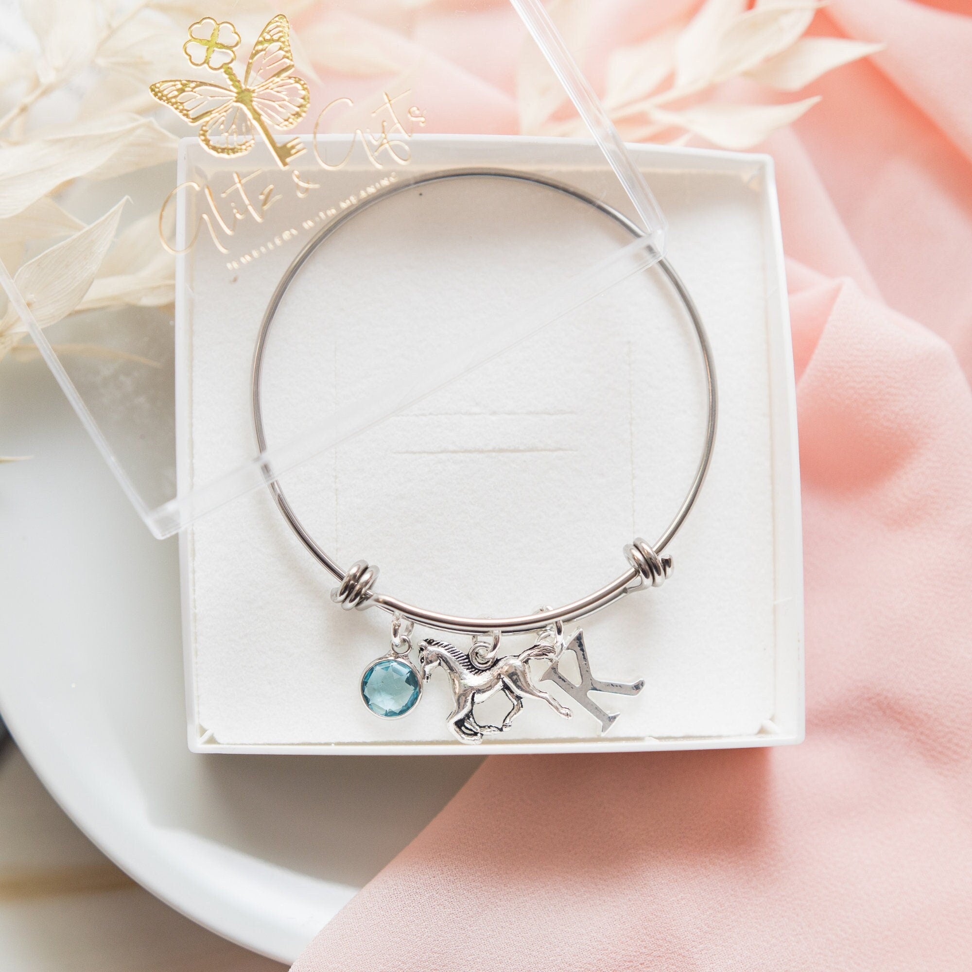 Horse bracelet, pony bangle, personalised gifts, birthstone initial, animal jewellery, pony owner gift, pet loss, equestrian rider