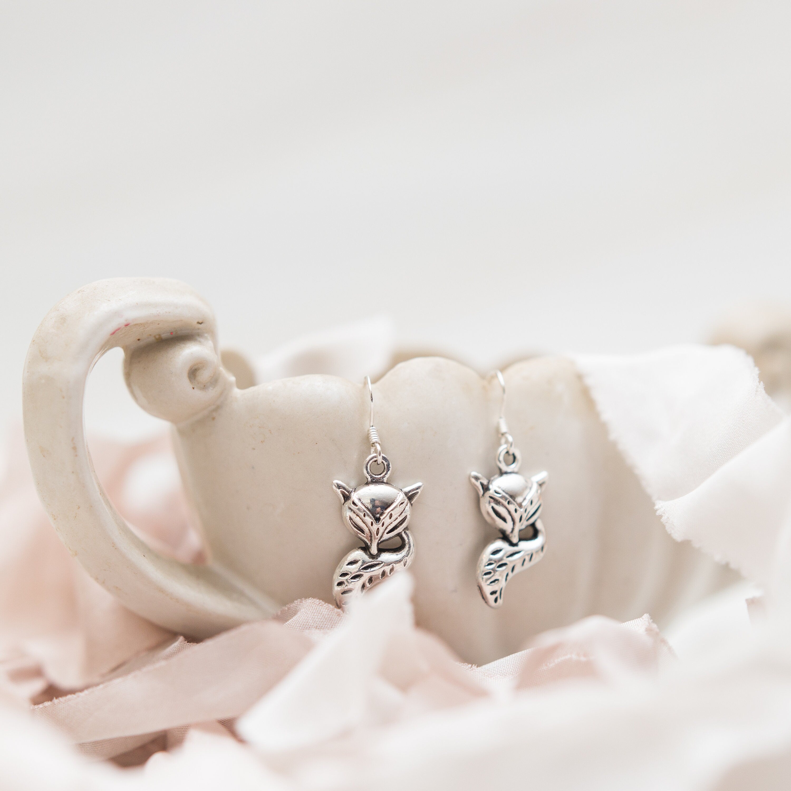 Fox earrings, fox gifts, drop dangle charms, animal gifts, vixen jewellery, foxes face tail, woodland animal, nature jewellery