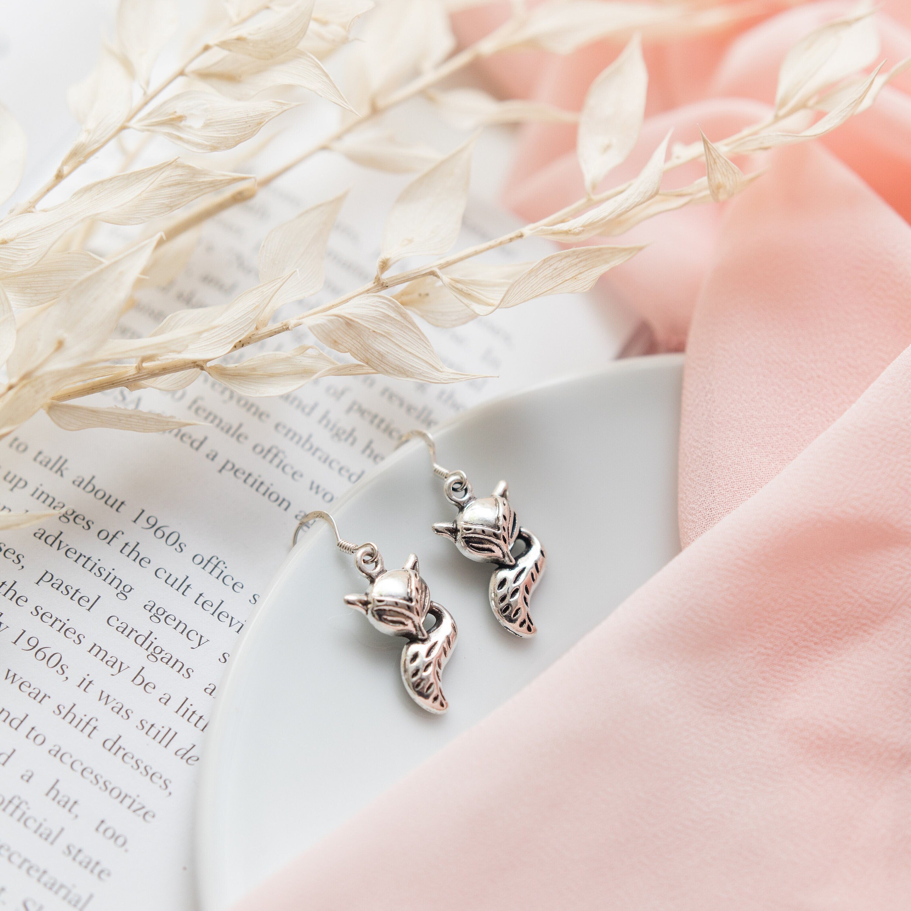 Fox earrings, fox gifts, drop dangle charms, animal gifts, vixen jewellery, foxes face tail, woodland animal, nature jewellery