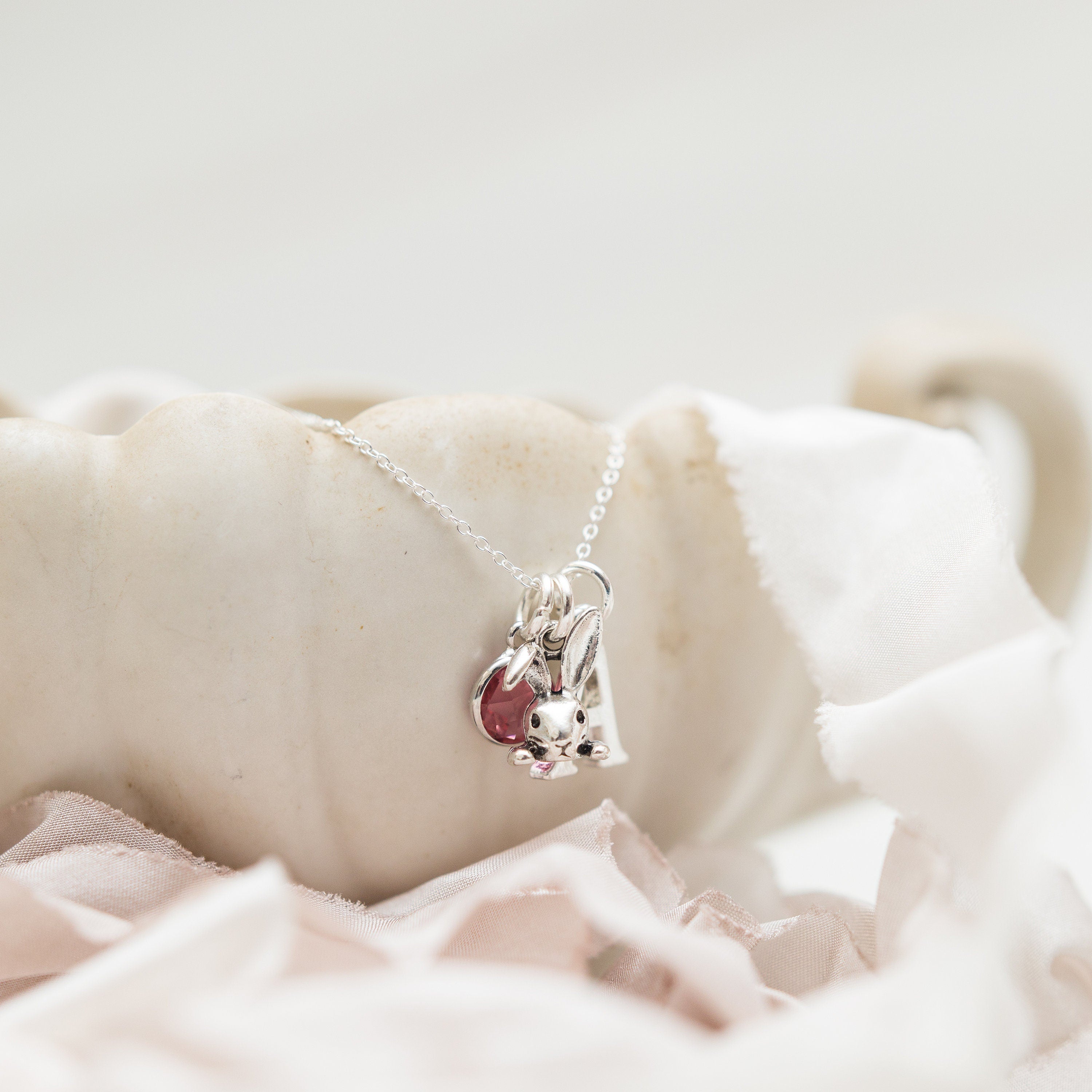 Rabbit necklace, personalised gifts, Easter 2025 jewellery, new bunny owner gift, pet loss remembrance, rabbit gift, birthstone letter