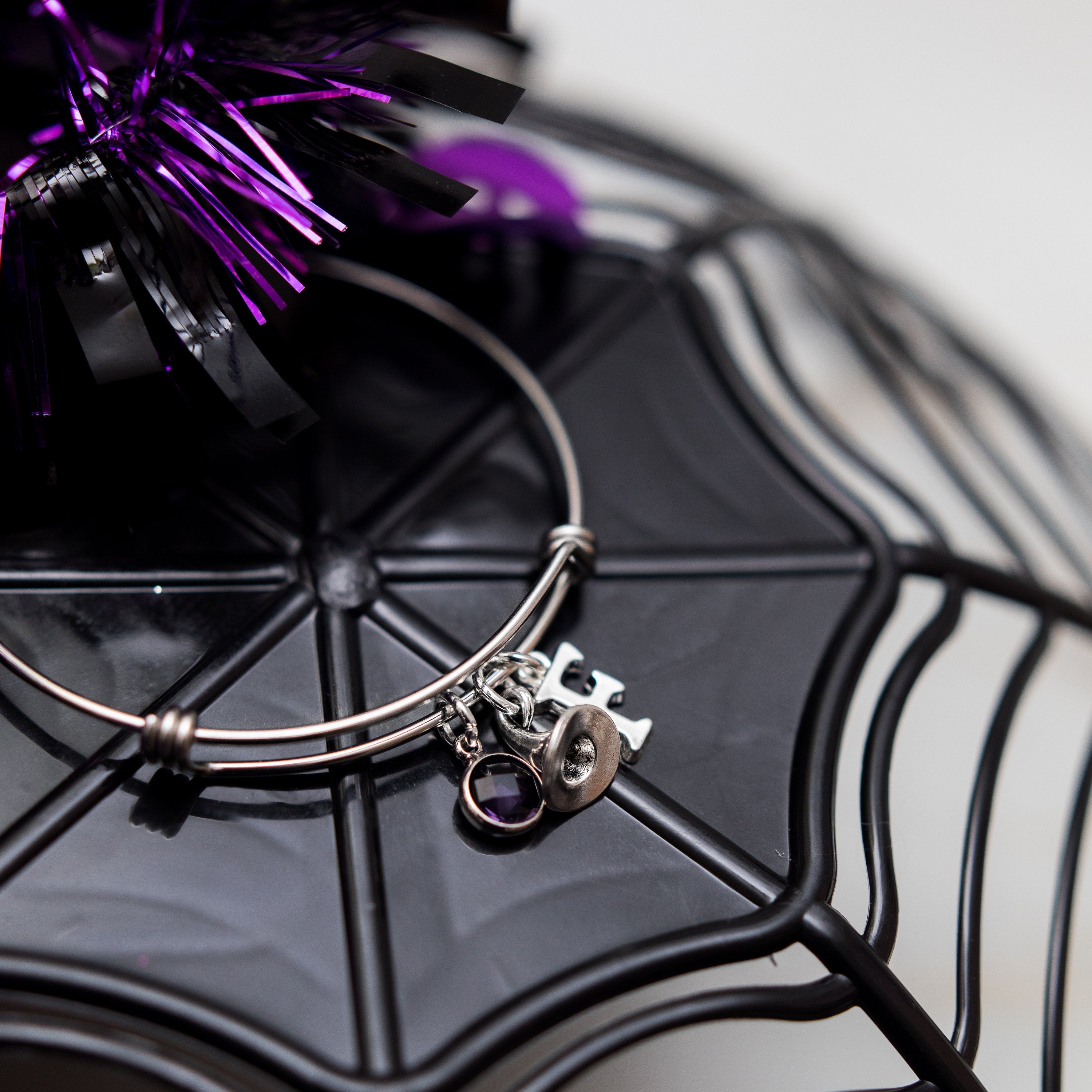 Witch hat bracelet, Wizard hat jewellery, Halloween bangle, personalised gifts, birthstone letter charm, witchy gifts, witch jewellery, goth