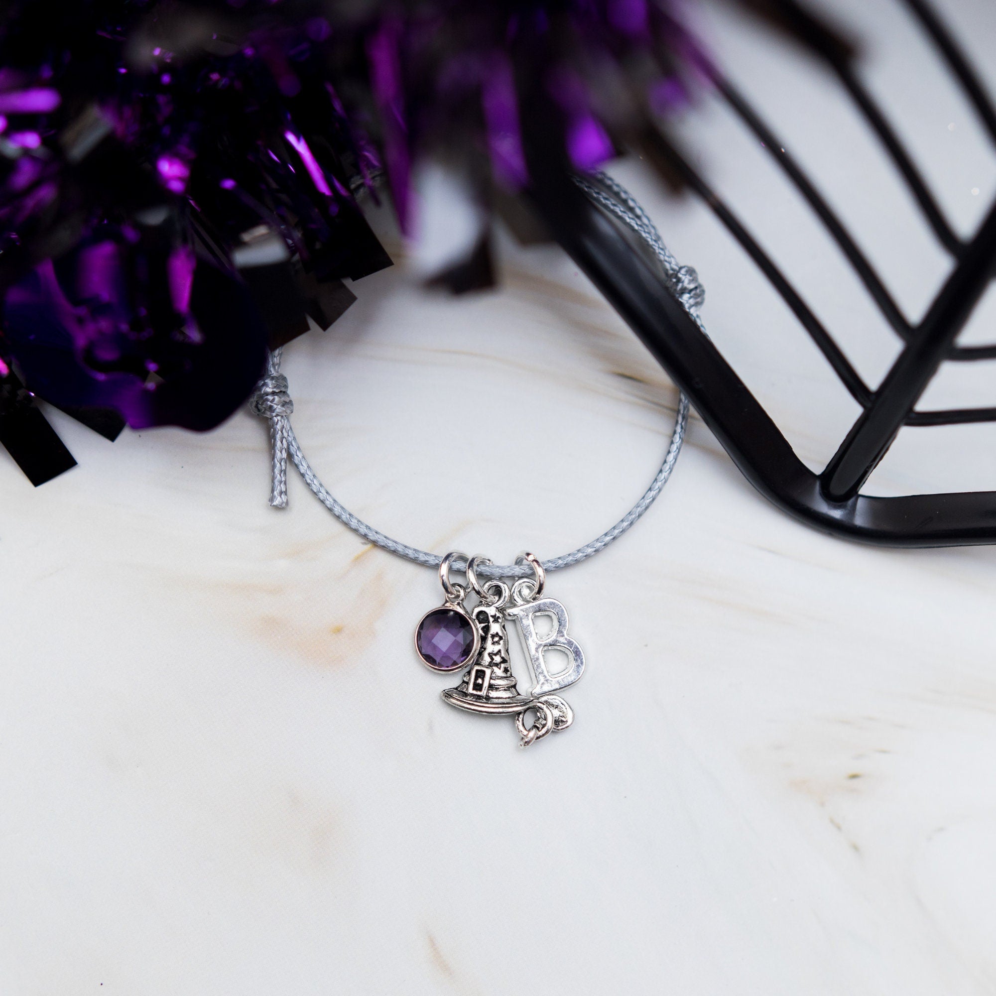 Witch hat bracelet, adjustable waxed cord, personalised Halloween gifts, birthstone initial charm, witchy vibes, pumpkin pendant, treat