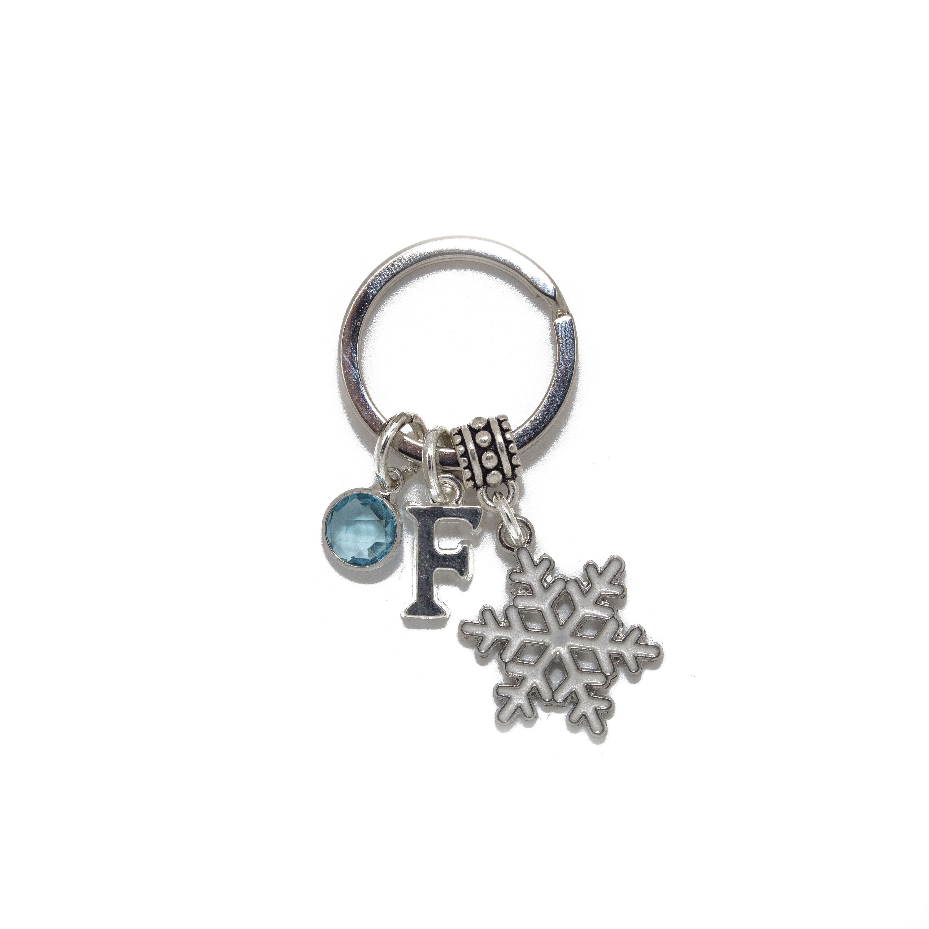 Snowflake keyring, Christmas keychain, holiday season, personalised gifts, birthstone initial, frozen ice gifts, winter charms