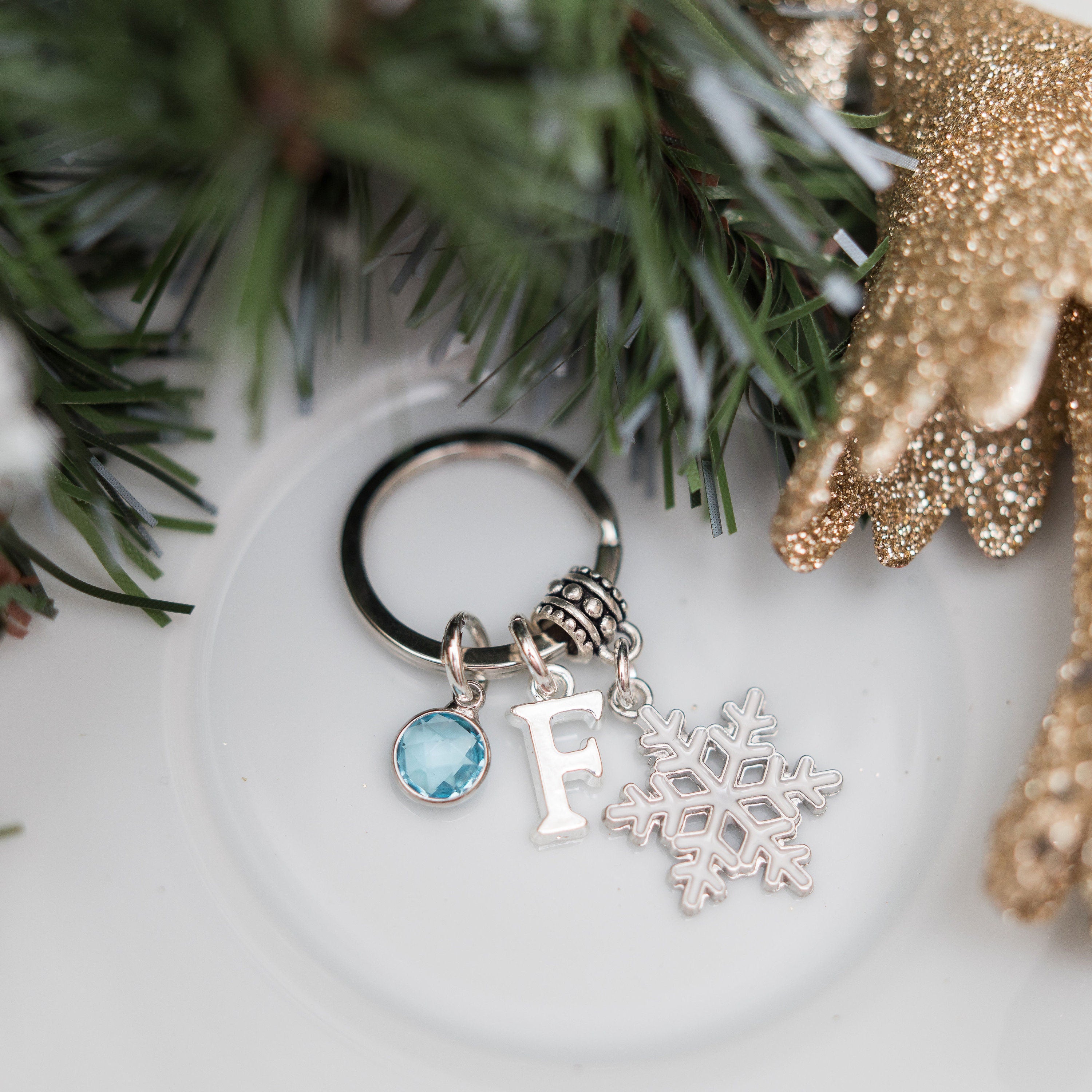 Snowflake keyring, Christmas keychain, holiday season, personalised gifts, birthstone initial, frozen ice gifts, winter charms