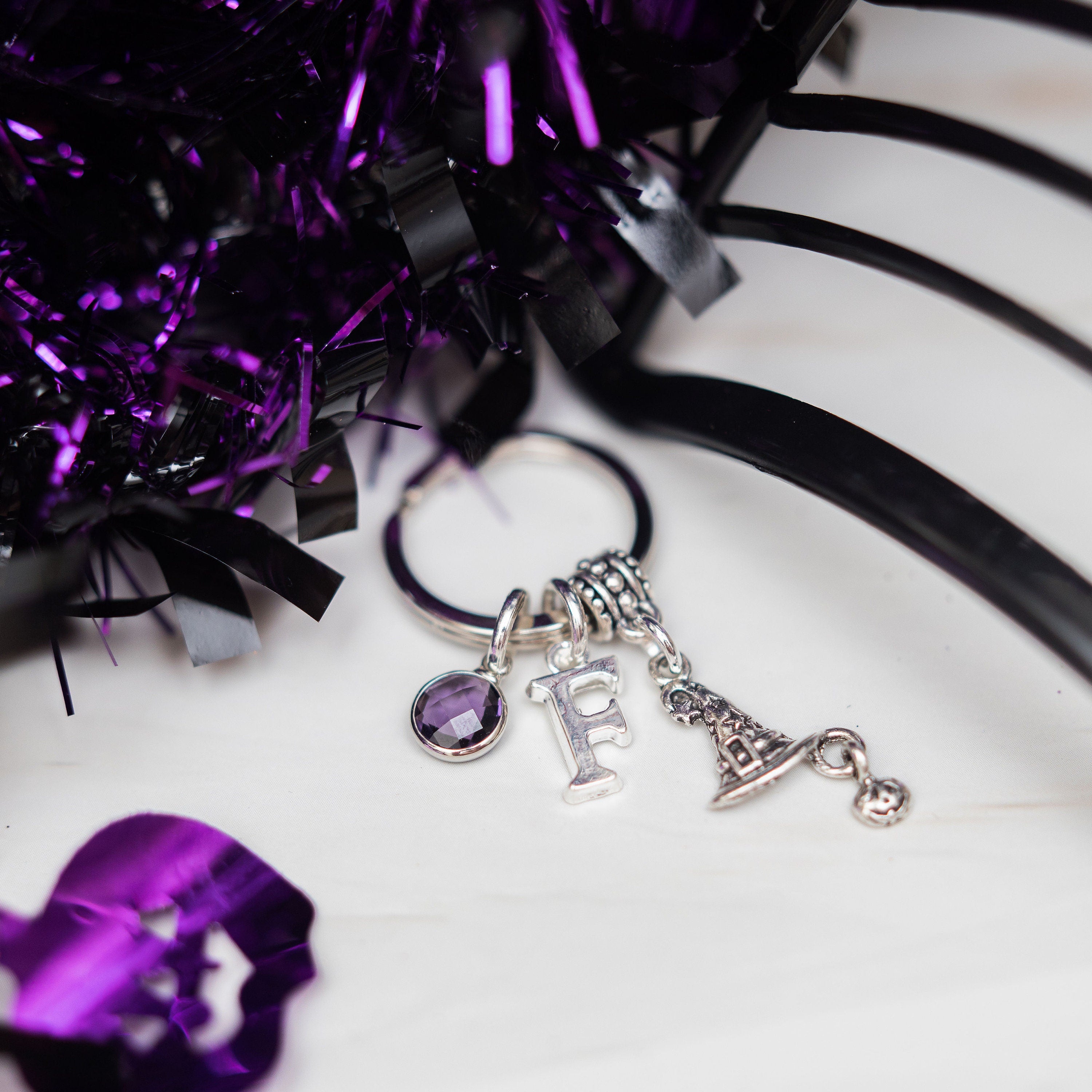 Witch hat keyring, Halloween keychain, witchy bag charm, personalised gifts, birthstone initial jewellery, goth pendant, pumpkin accessories