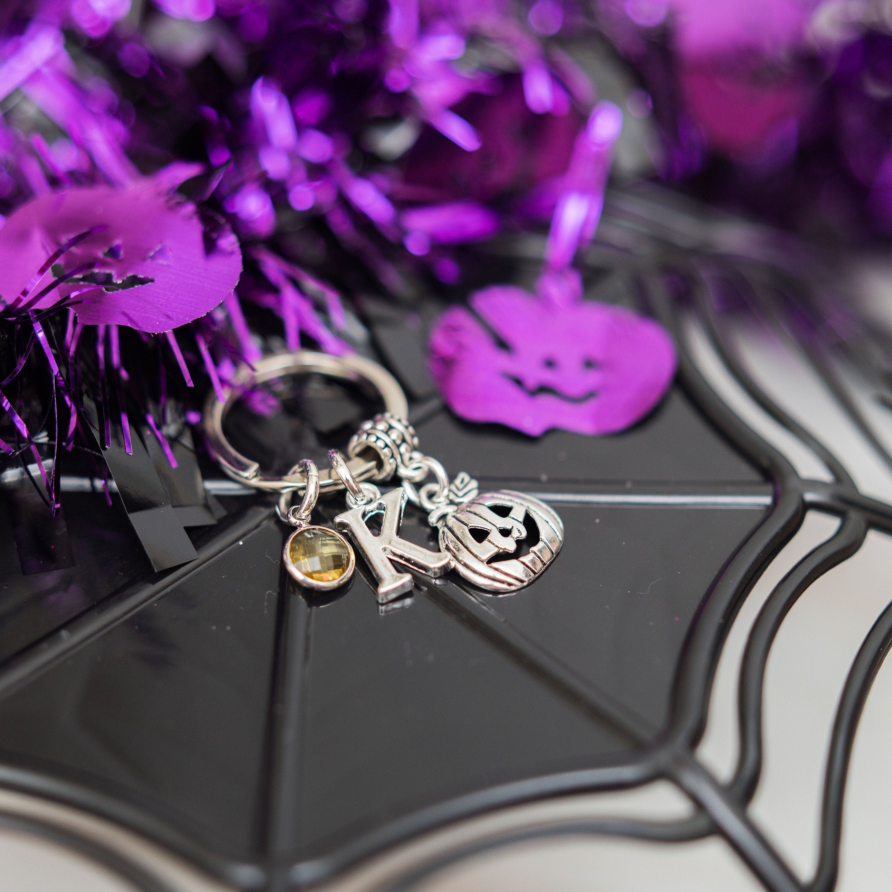 Pumpkin keyring, Halloween keychain, October birthday, autumnal, personalised gifts, birthstone initial jeweller, trick or treat favours