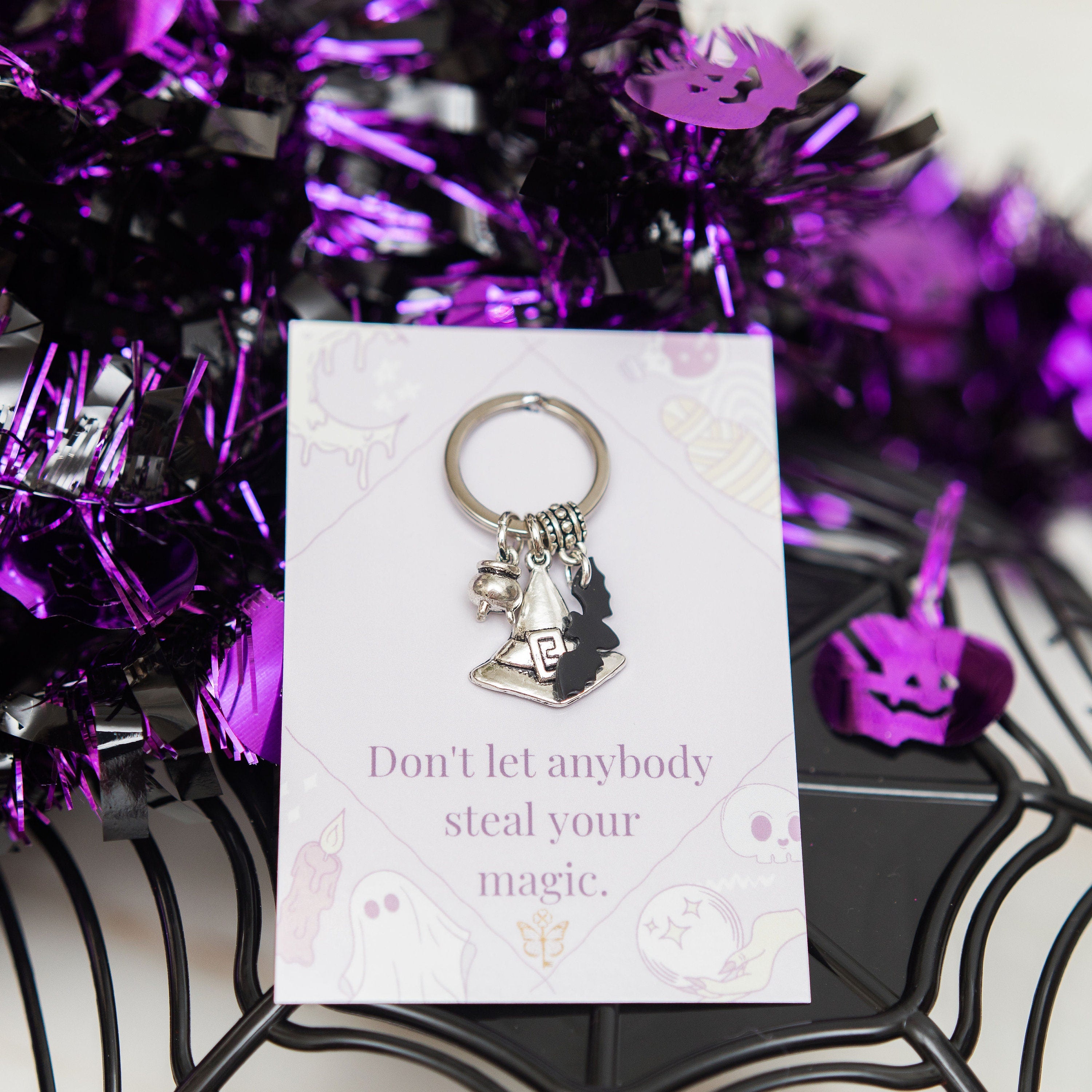 Witch keyring, don't let anybody steal your magic, witchy keychain, black bat, cauldron, goth bag charm, Halloween gifts, mystical wiccan