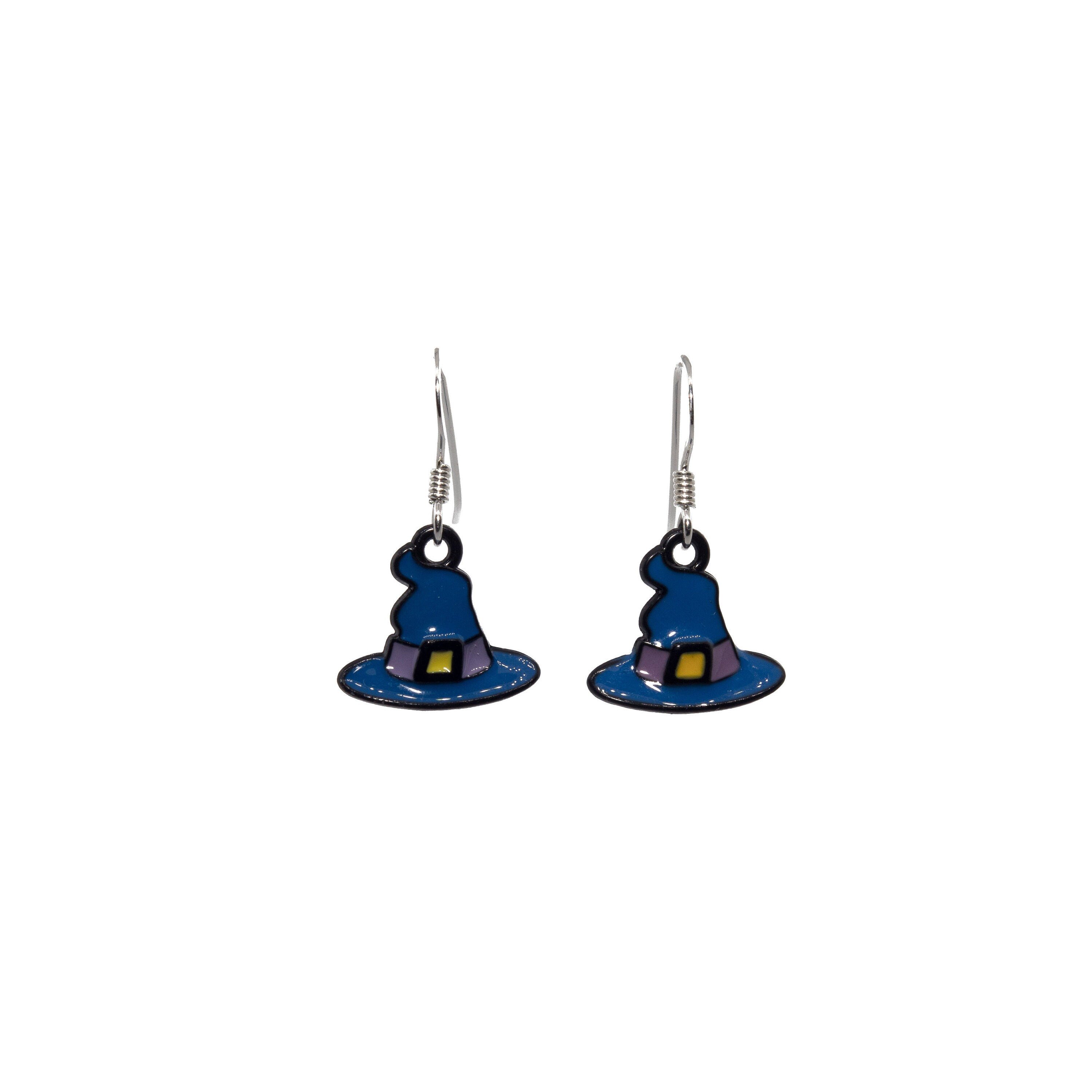 Blue witch hat earrings, enamel dangling wizard charms, drop hooks, sterling silver ear wires, Halloween jewellery, witchy gothic