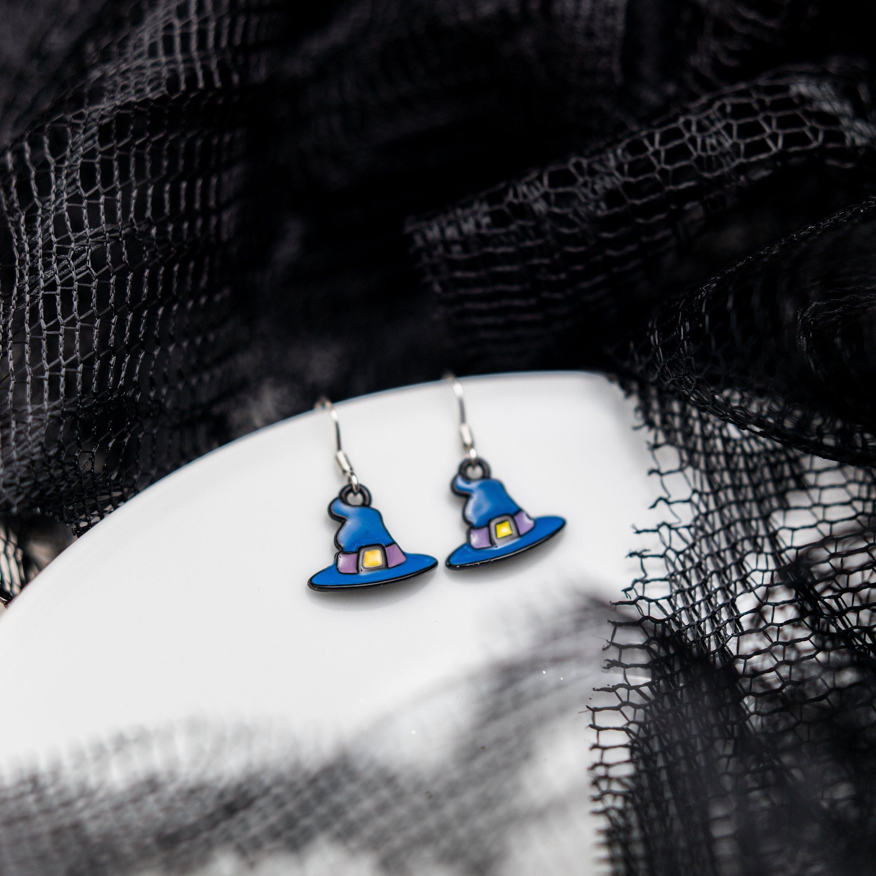 Blue witch hat earrings, enamel dangling wizard charms, drop hooks, sterling silver ear wires, Halloween jewellery, witchy gothic