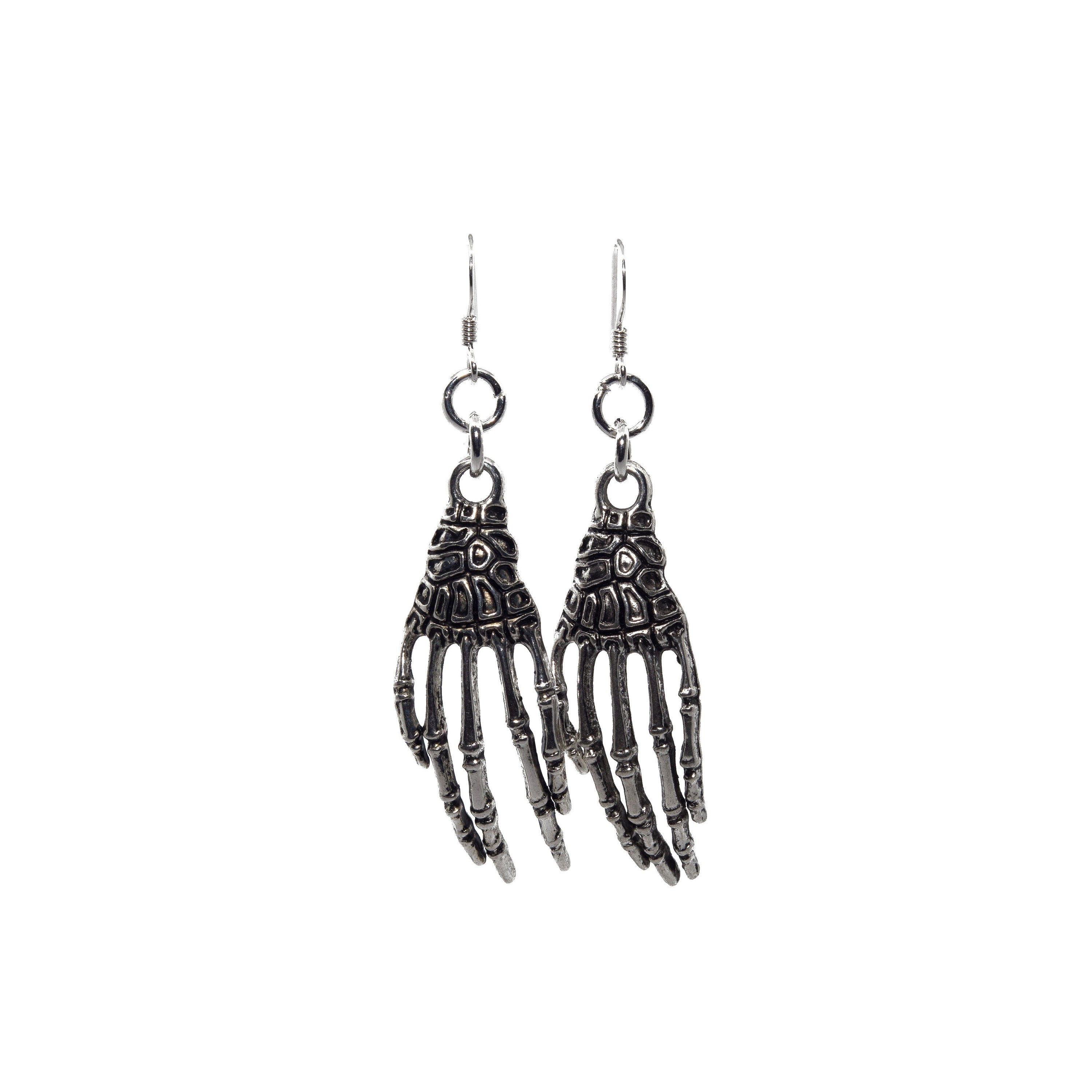 Skelton hand earrings, large charms, alternative, statement drop hooks, sterling silver ear wires, Halloween jewellery, witchy goth horror