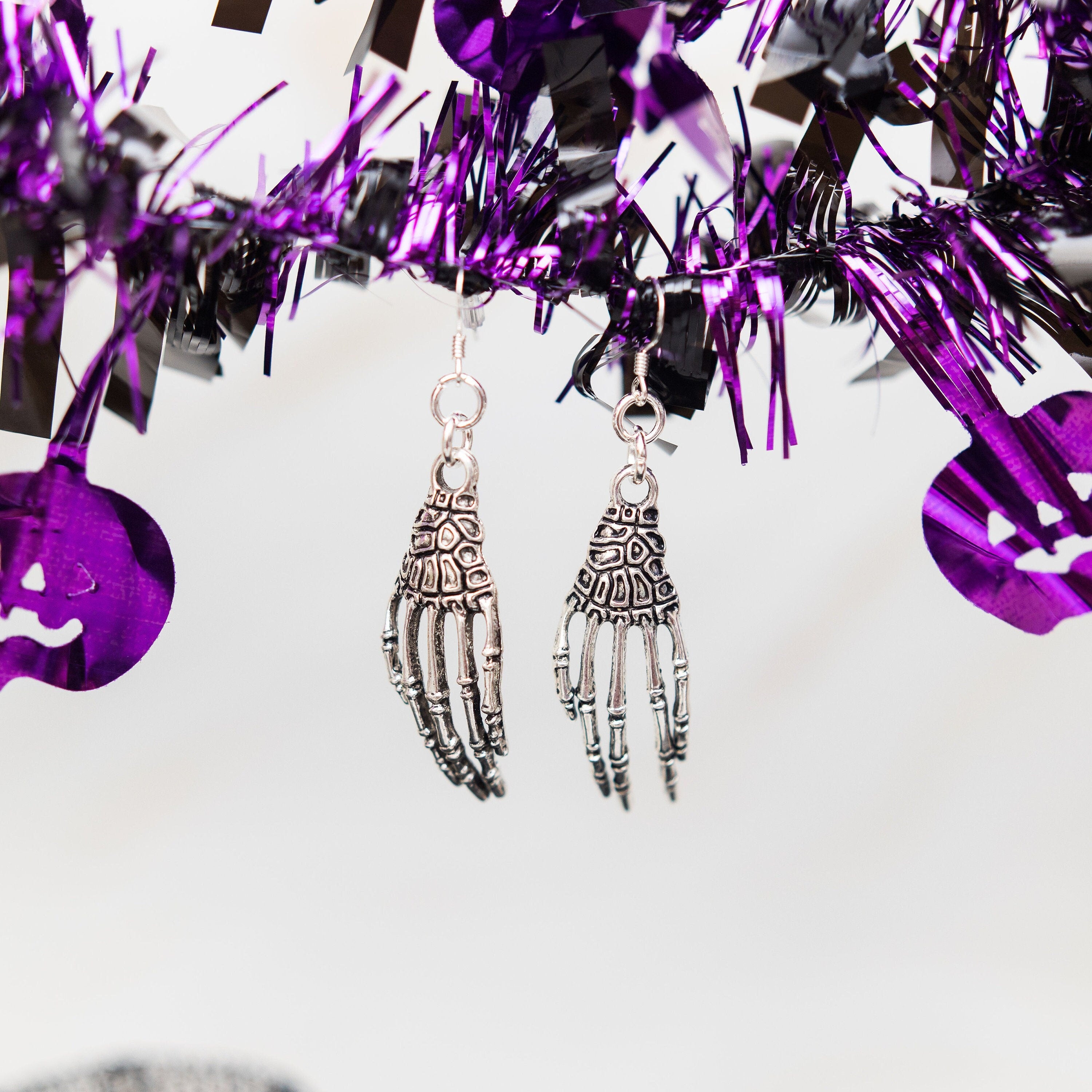 Skelton hand earrings, large charms, alternative, statement drop hooks, sterling silver ear wires, Halloween jewellery, witchy goth horror
