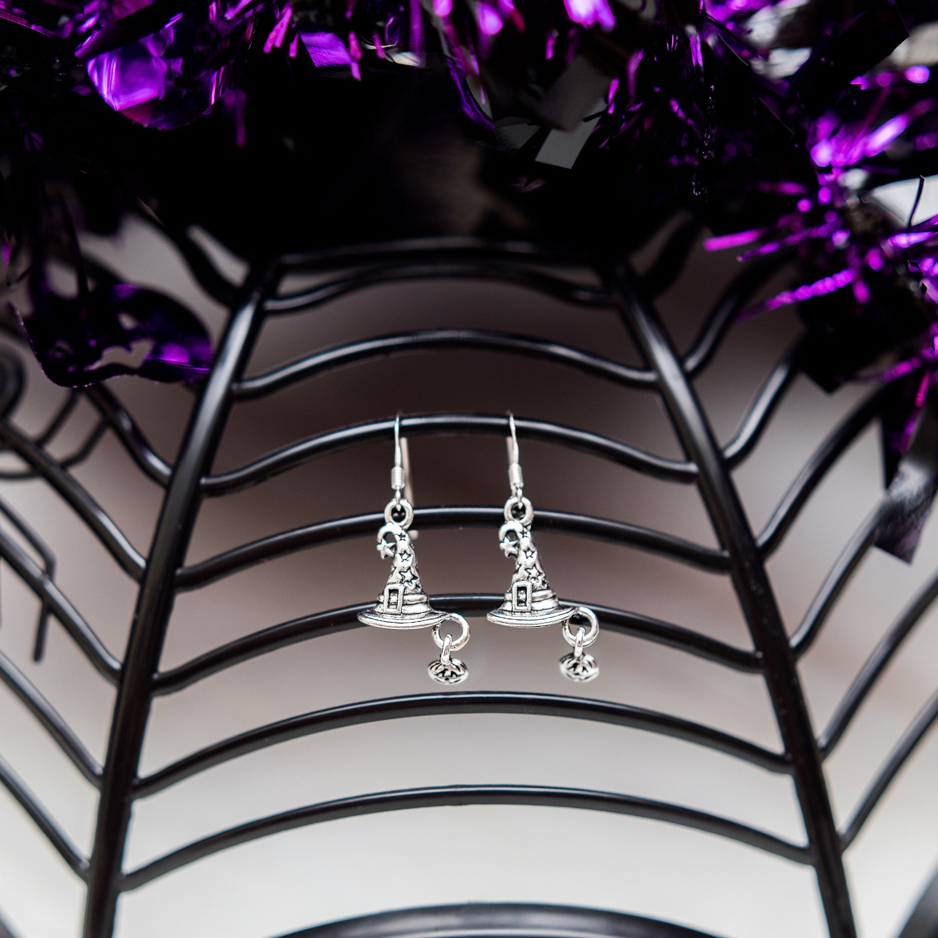 Witch hat earrings, witchy charms, alternative, drop hooks, sterling silver ear wires, Halloween jewellery, spooky pumpkin, gothic gift