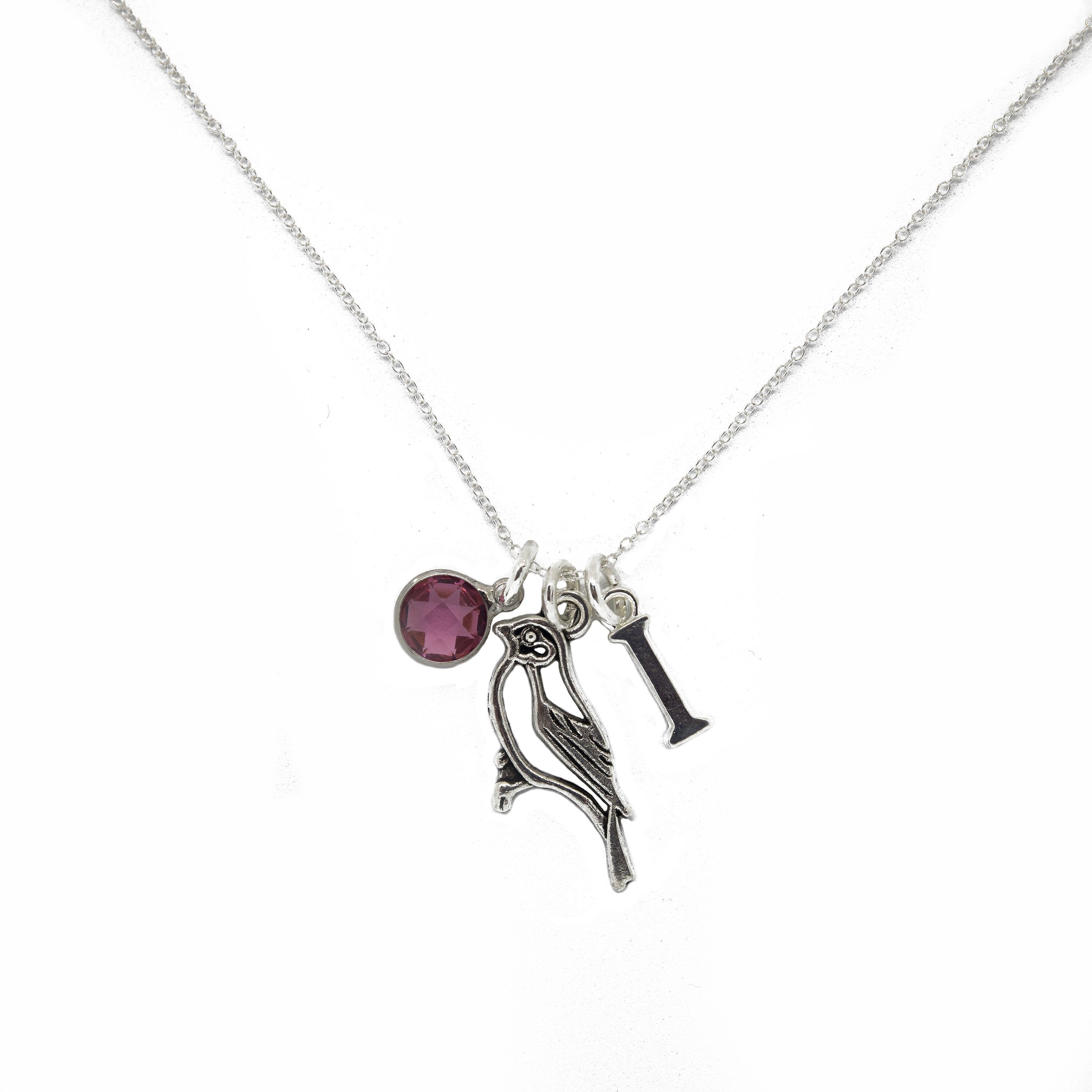 Filigree Bird Necklace: Personalised Birthstone Initial Charm