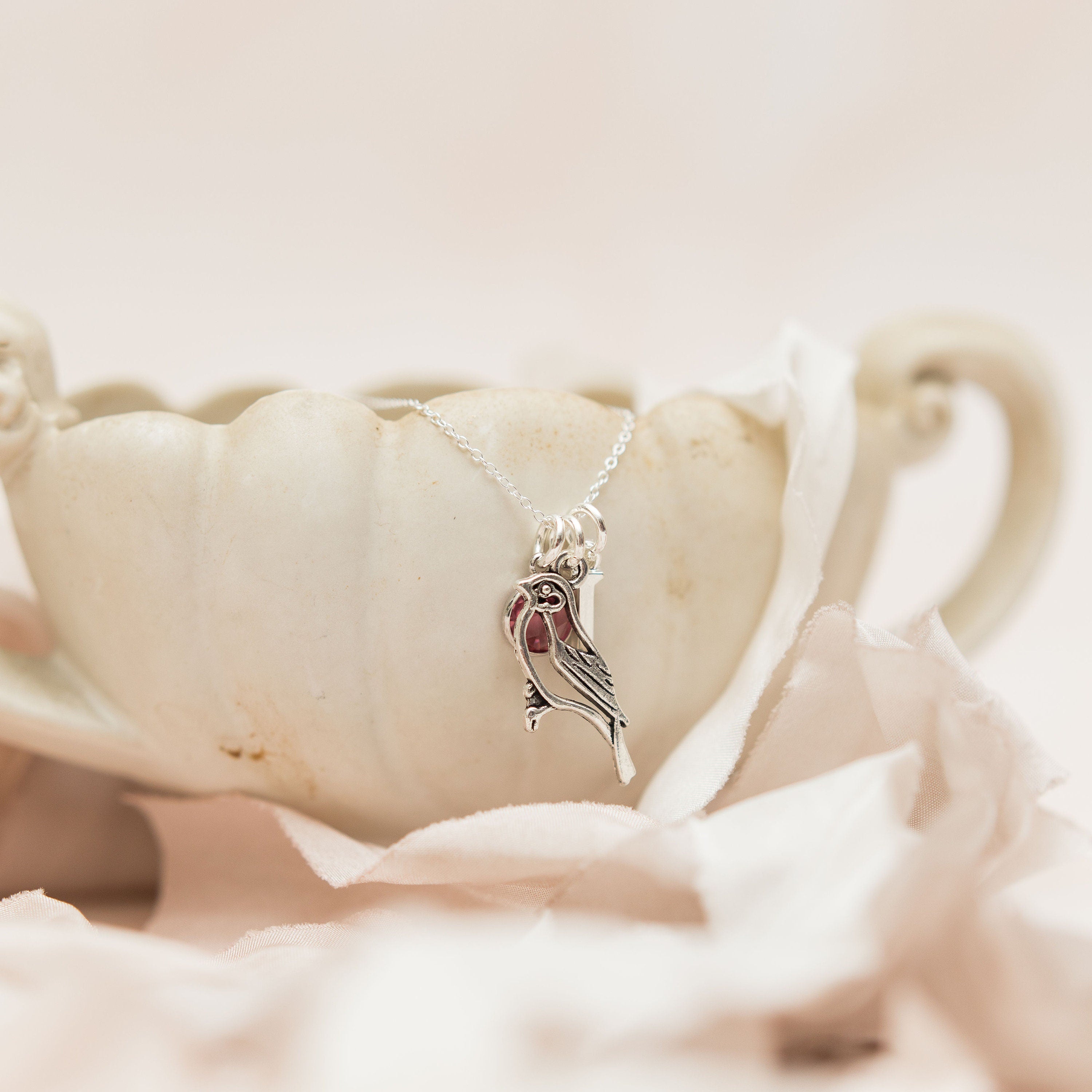 Filigree Bird Necklace: Personalised Birthstone Initial Charm