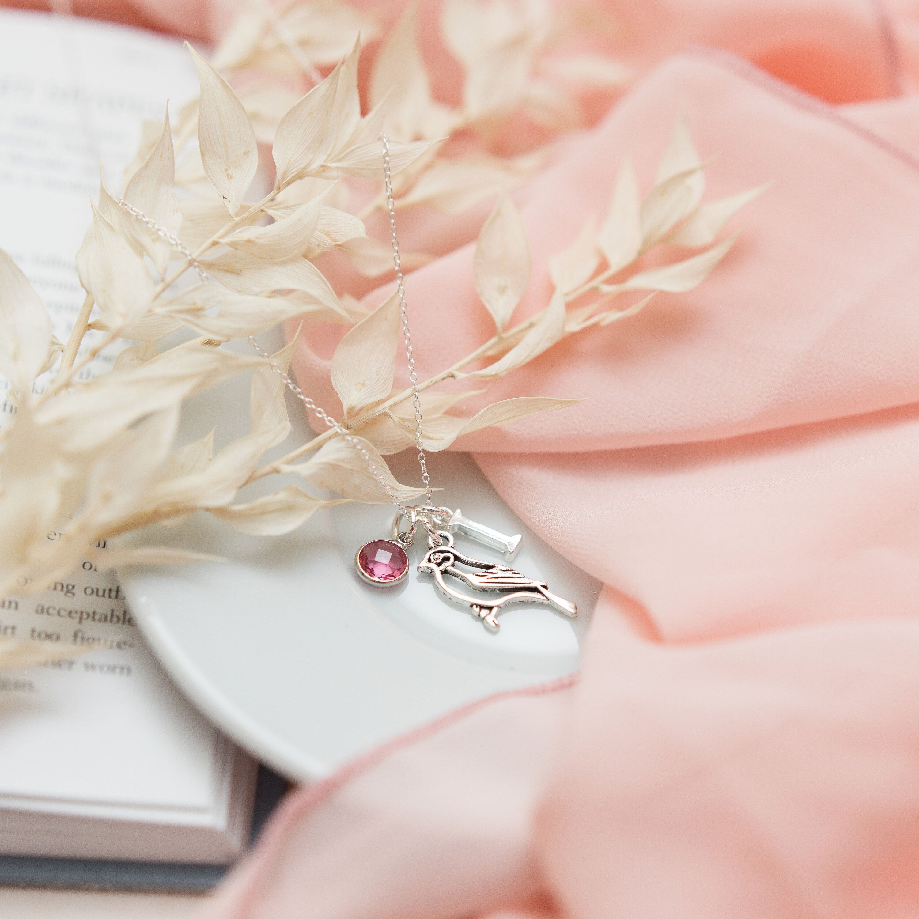 Filigree Bird Necklace: Personalised Birthstone Initial Charm