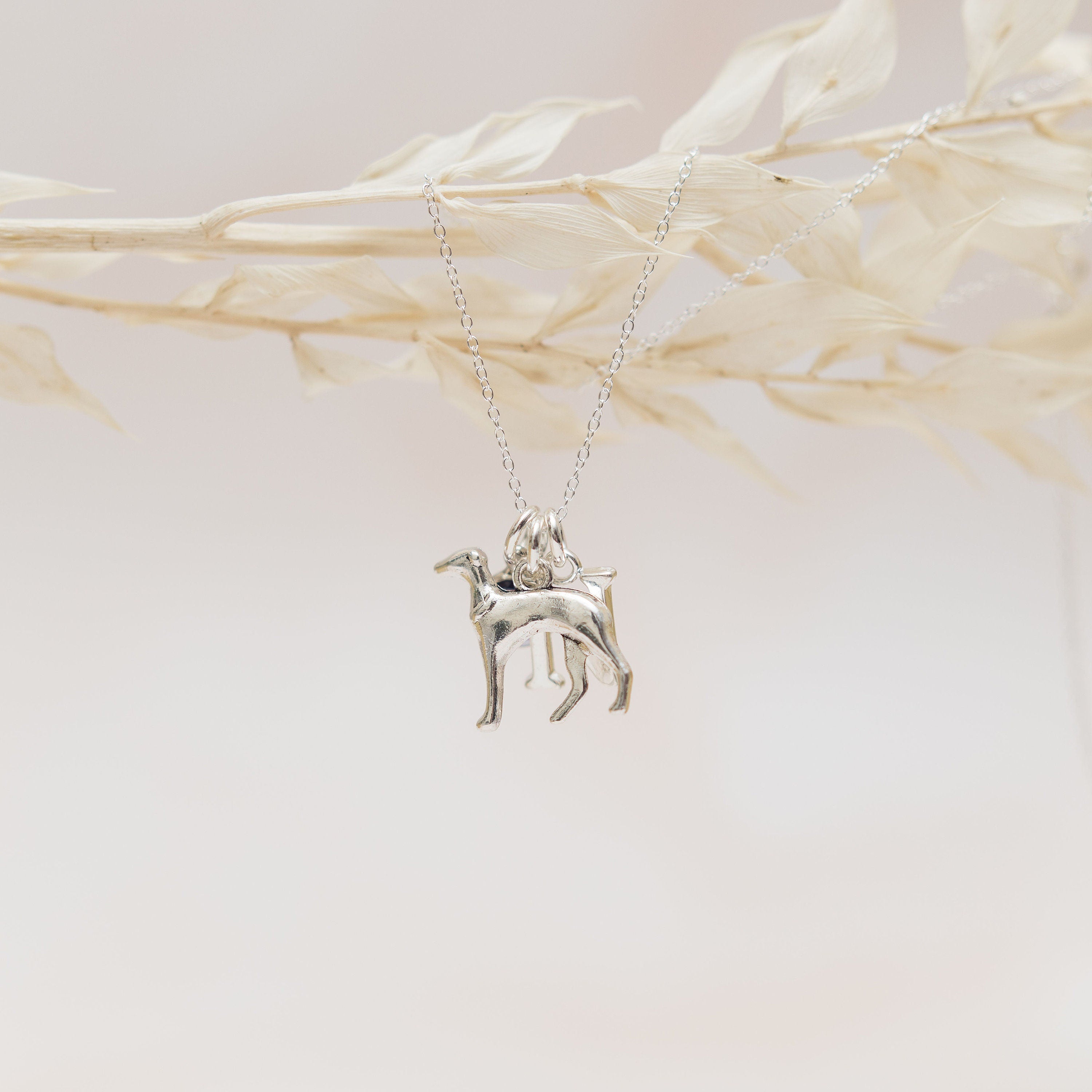 Greyhound Charm Necklace: Personalised Birthstone Initial, Dog Memorial Jewellery