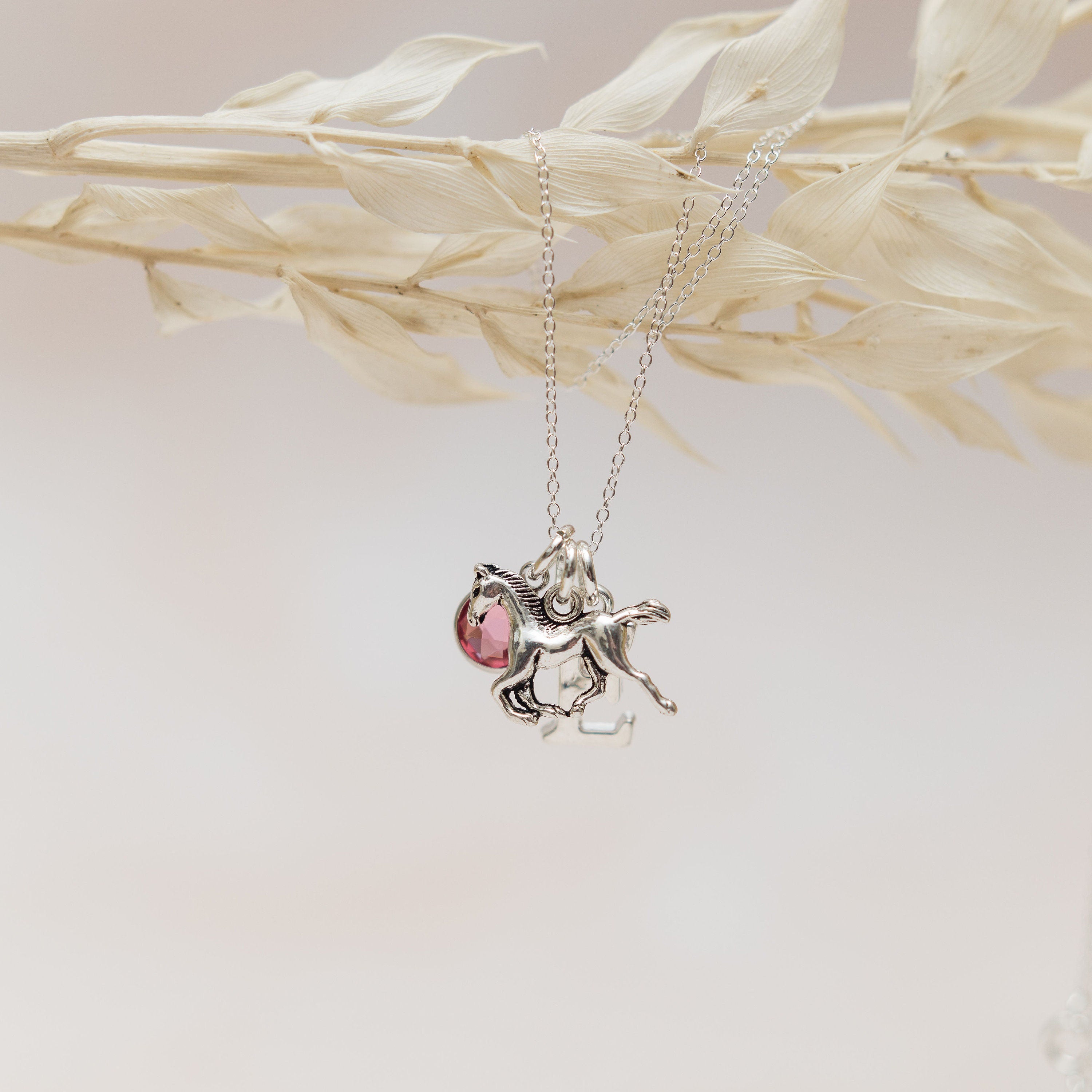 Horse Necklace: Personalised Birthstone Initial Charm, Equestrian Jewellery