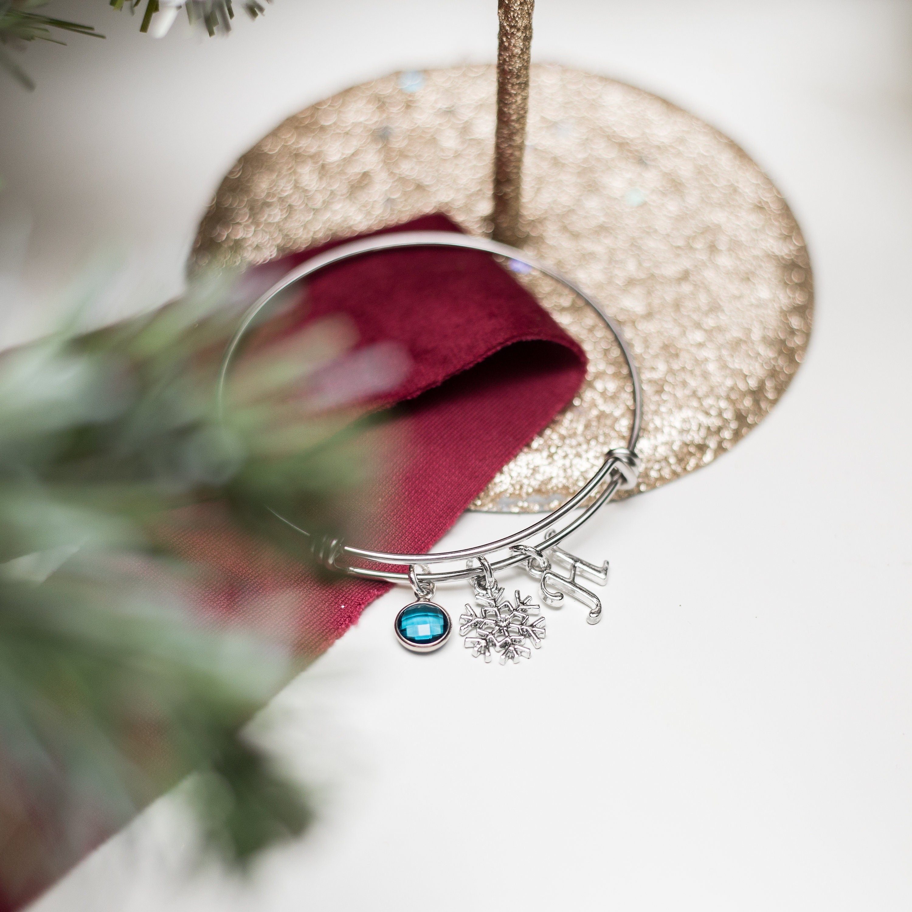 Snowflake bracelet, snow theme  bangle, personalised gifts, birthstone letter initial charm, Christmas stocking filler, winter jewellery