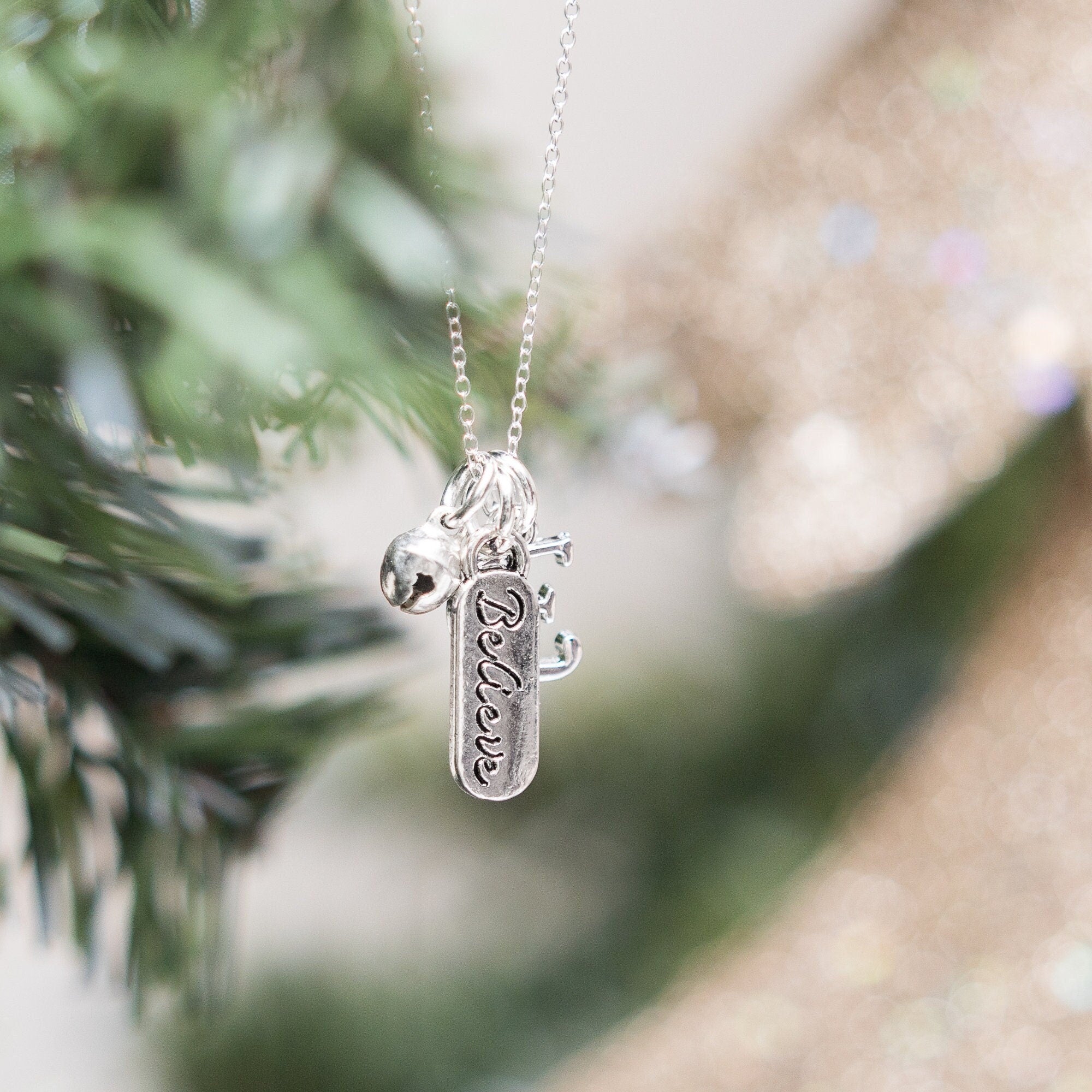 Believe necklace, Christmas tinkling bell jewellery, personalised gifts, initial letter, Father Christmas Santa, stocking filler