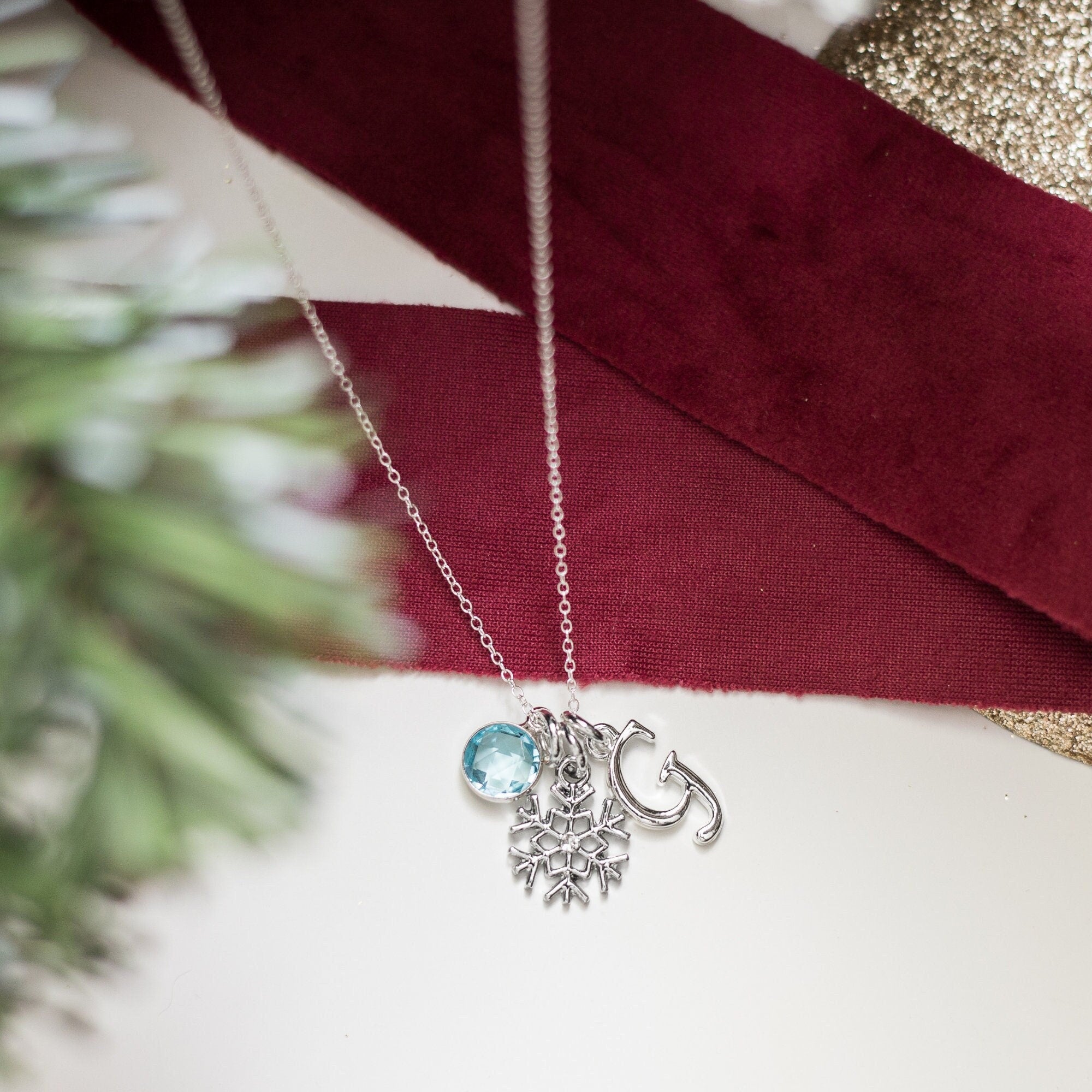 Snowflake necklace, snow theme gift, winter Christmas jewellery, personalised gifts, birthstone initial letter, festive pendant, friend gift