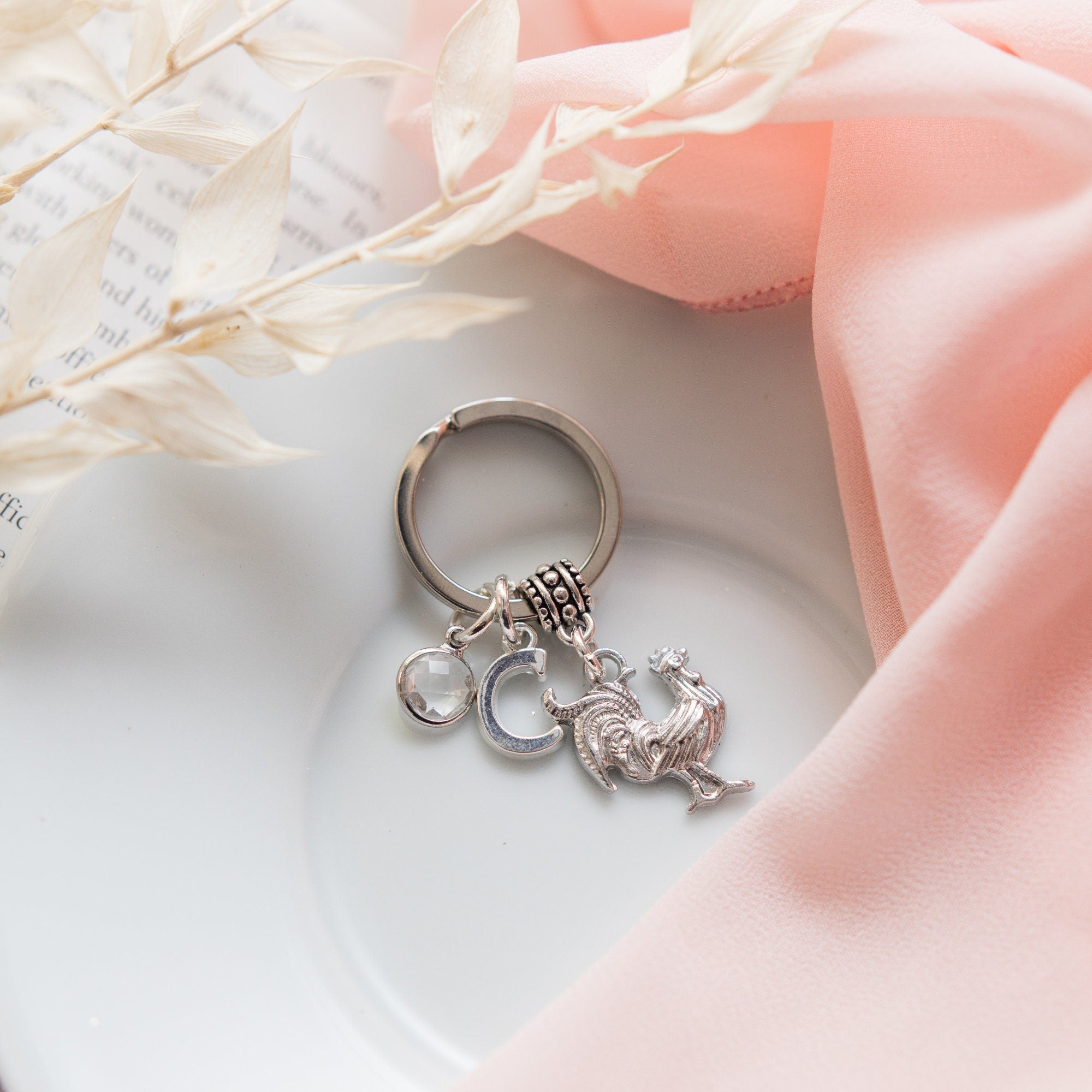 Chicken keychain, rooster keyring, personalised gifts, letter birthstone, farm animal gifts, chicken owner gift
