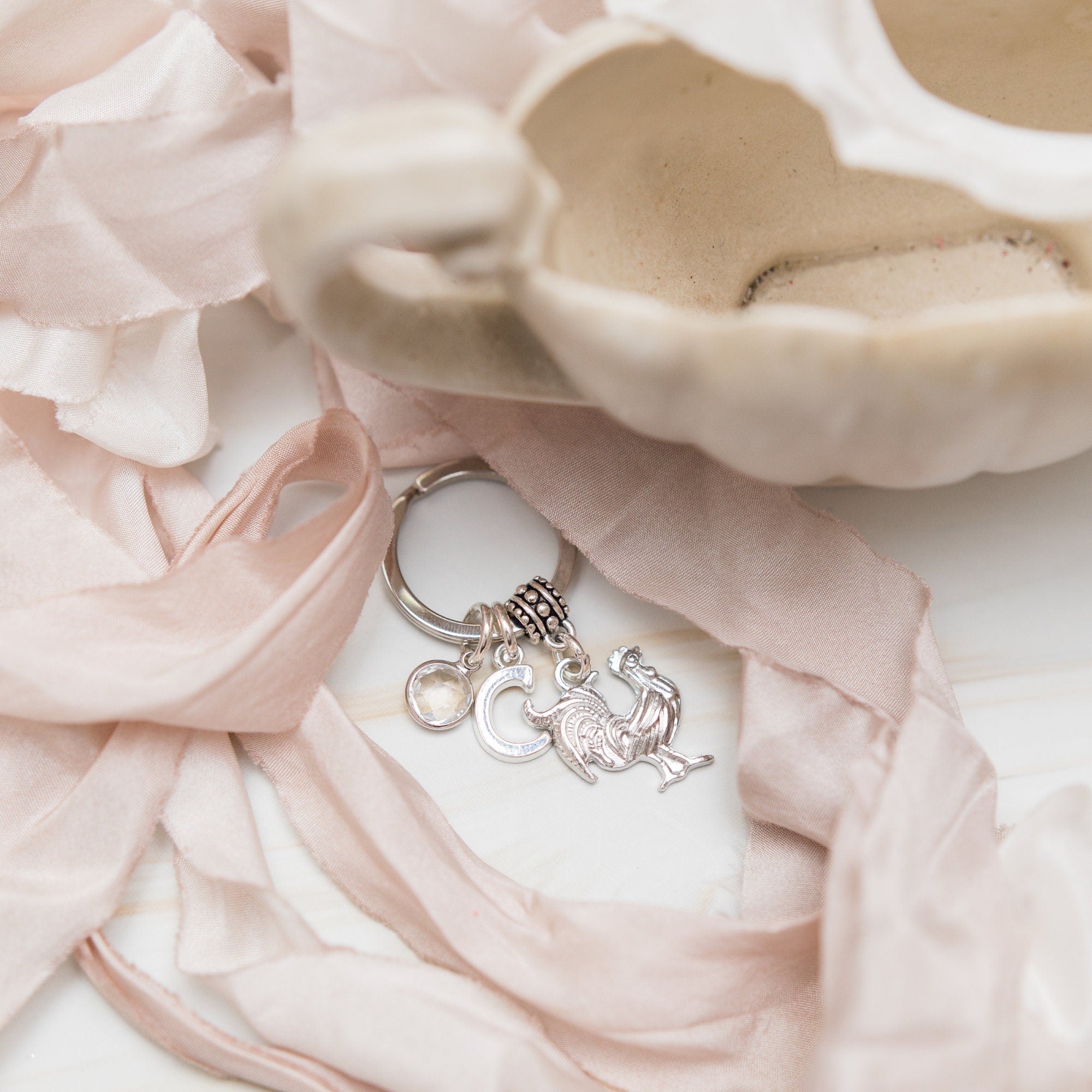 Chicken keychain, rooster keyring, personalised gifts, letter birthstone, farm animal gifts, chicken owner gift