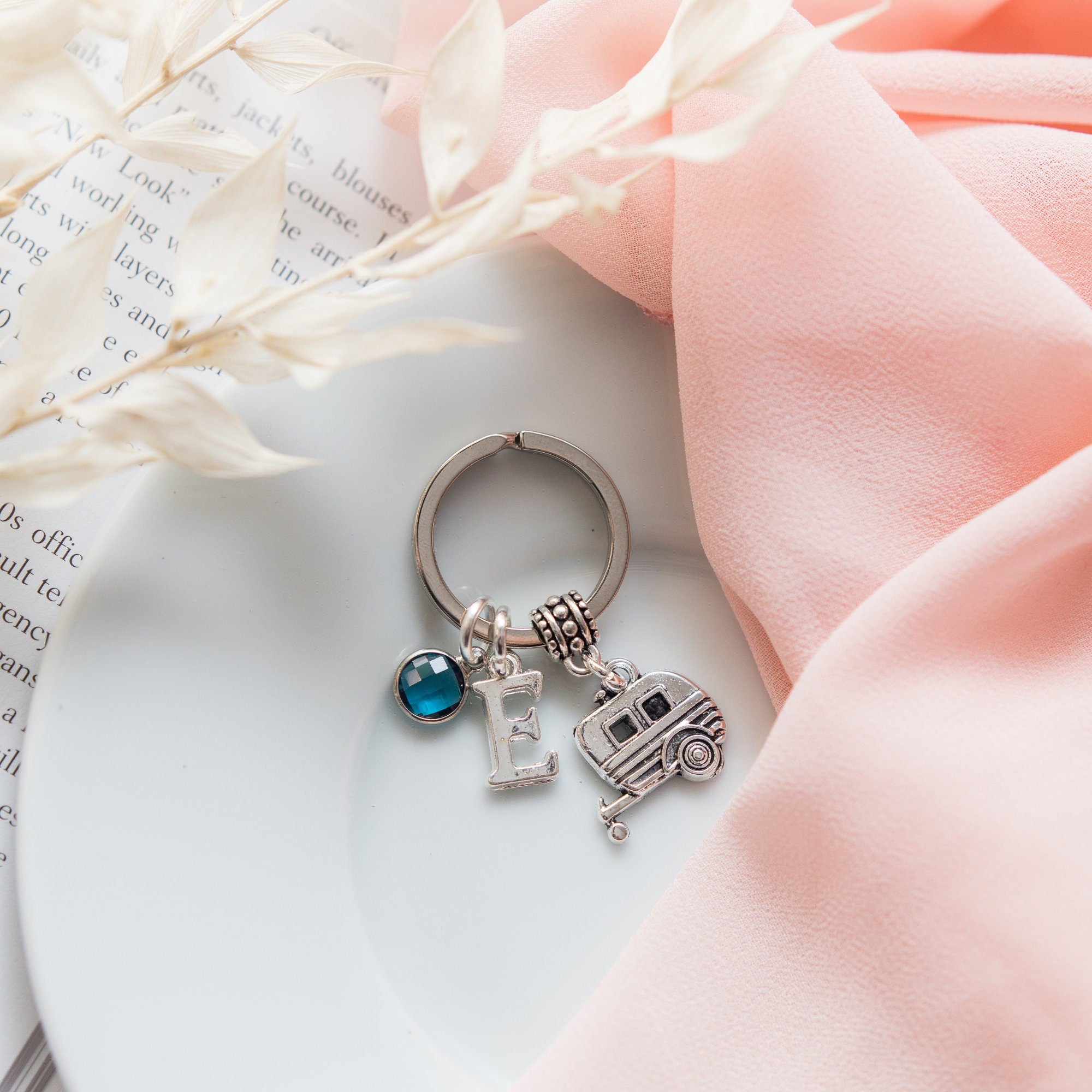 Caravan keyring, travel keychain, personalised gifts, birthstone initial, caravan keys, summer holiday camper, surprise trip reveal