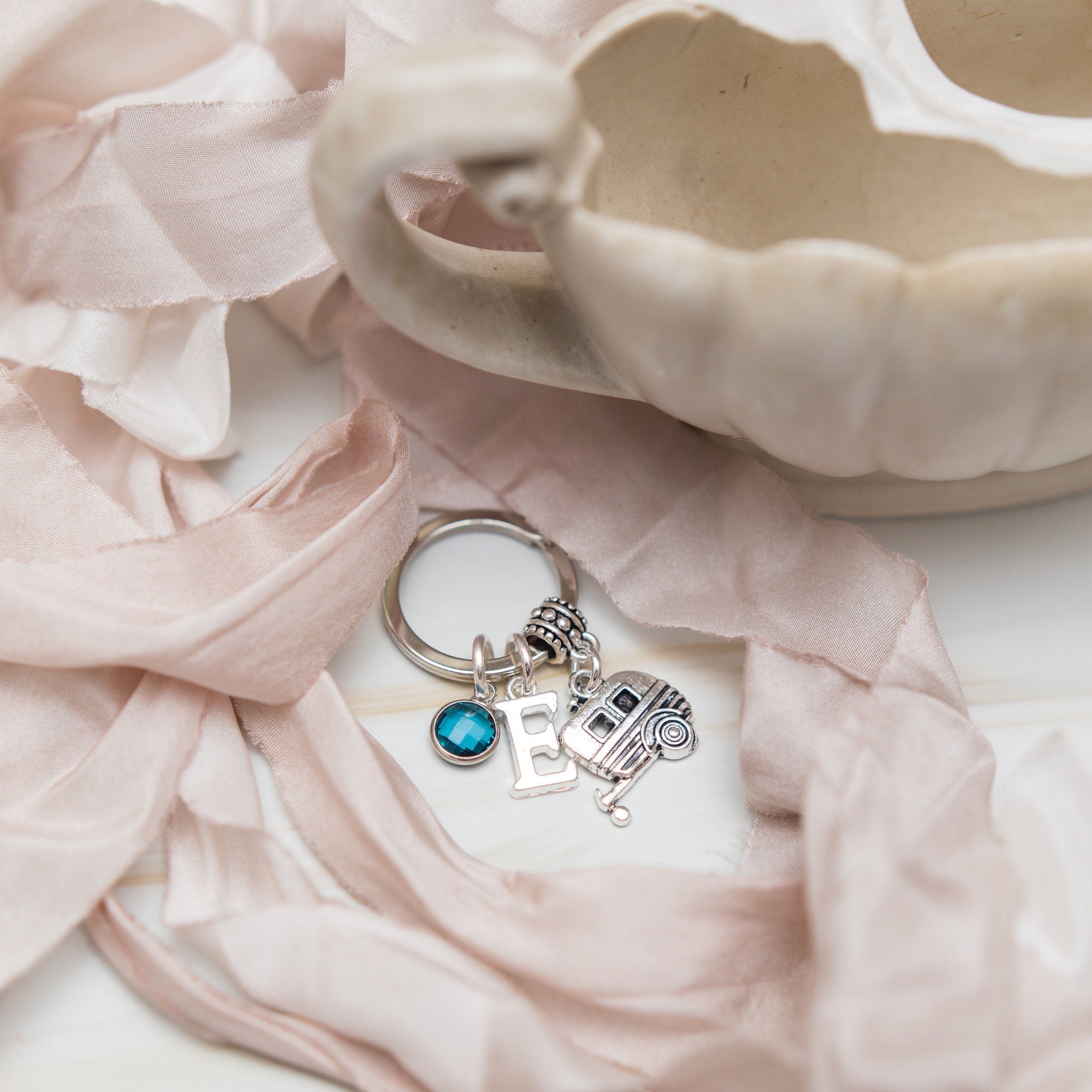 Caravan keyring, travel keychain, personalised gifts, birthstone initial, caravan keys, summer holiday camper, surprise trip reveal