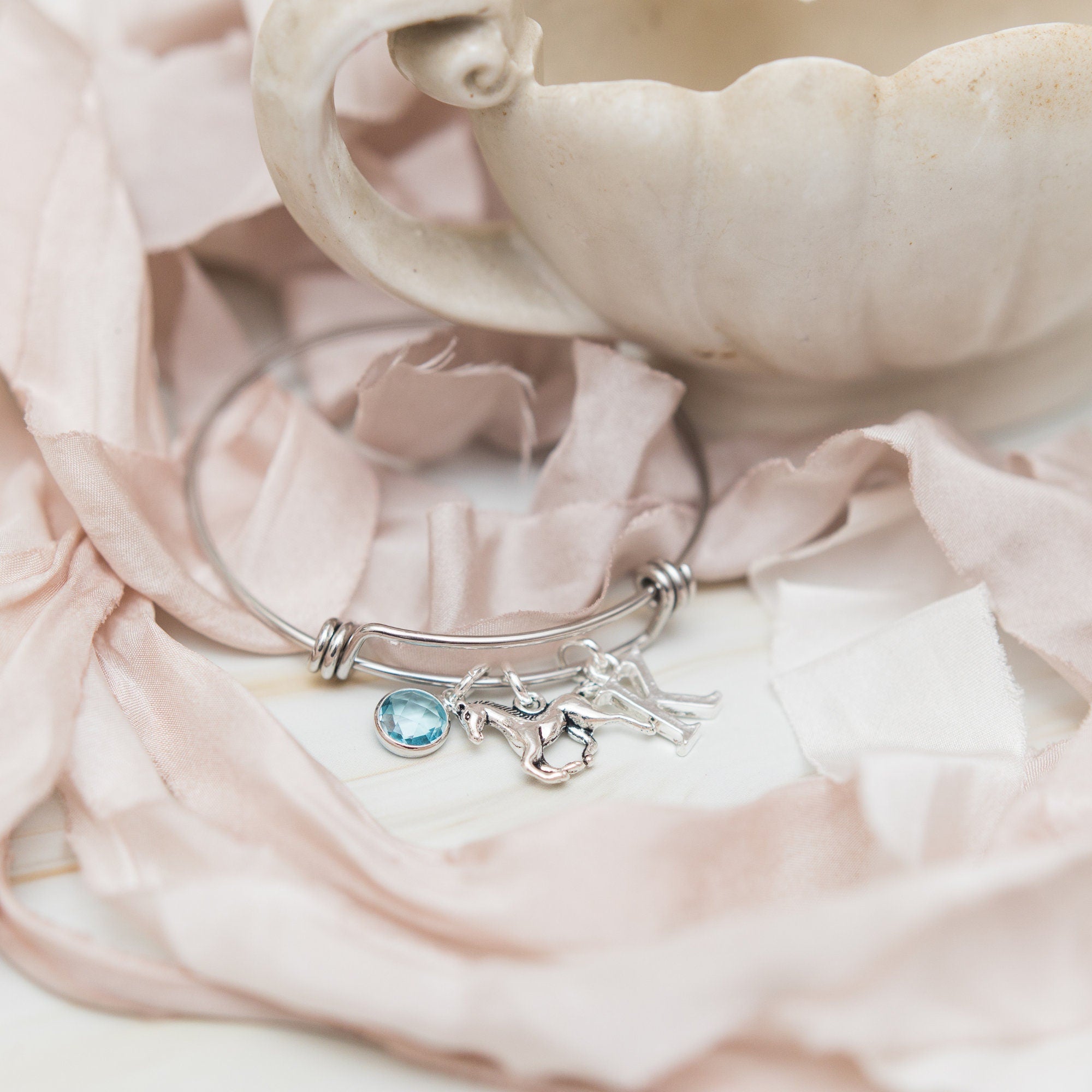 Horse bracelet, pony bangle, personalised gifts, birthstone initial, animal jewellery, pony owner gift, pet loss, equestrian rider