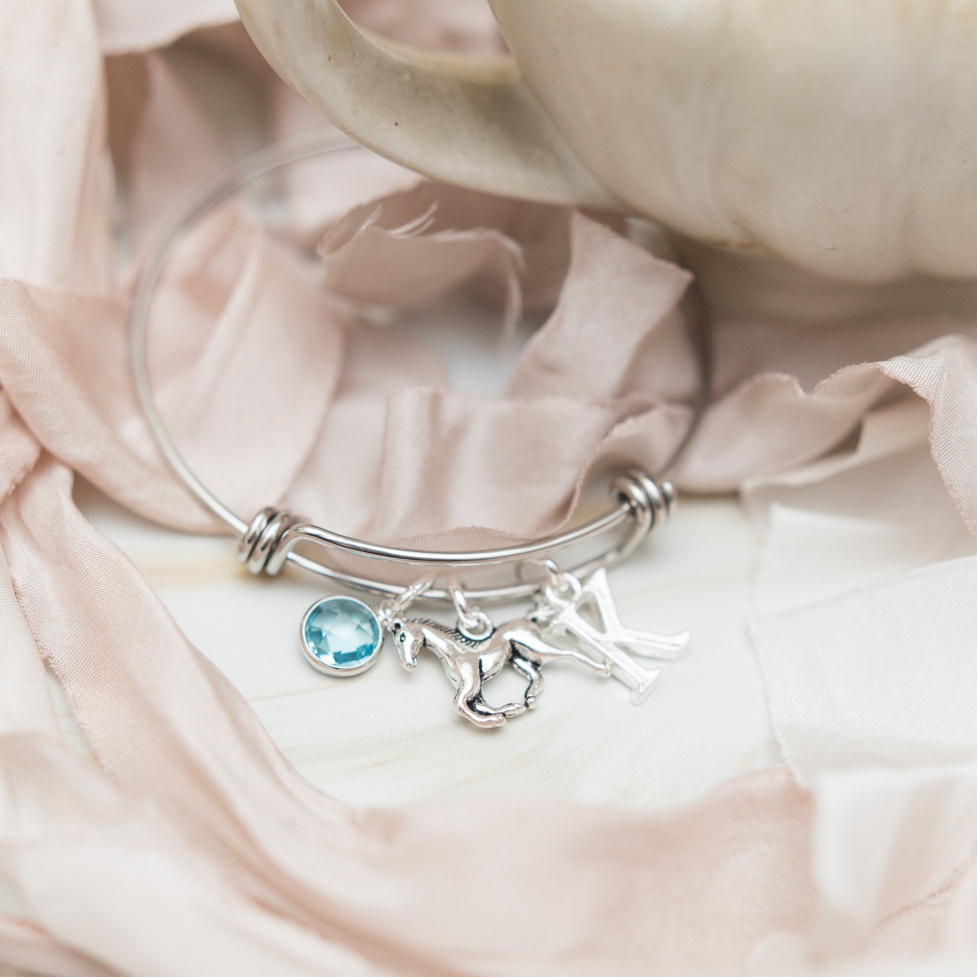 Horse bracelet, pony bangle, personalised gifts, birthstone initial, animal jewellery, pony owner gift, pet loss, equestrian rider