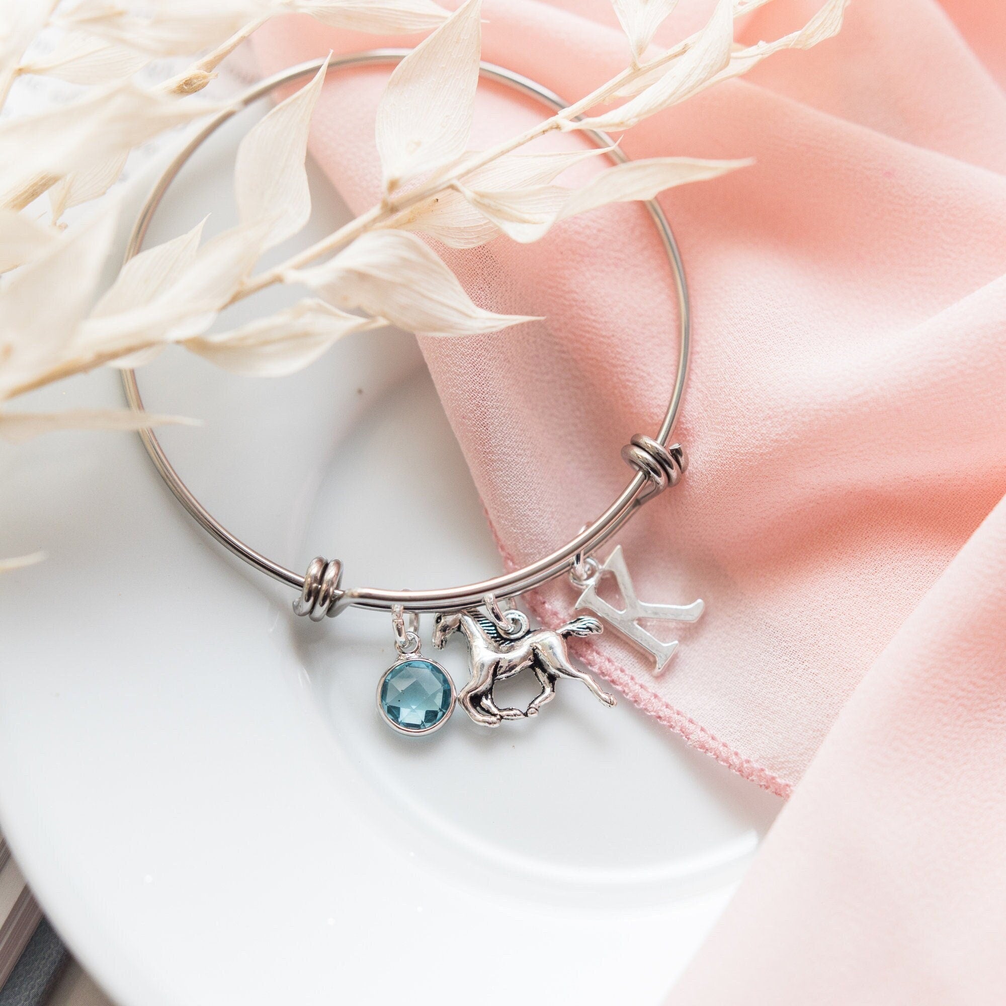 Horse bracelet, pony bangle, personalised gifts, birthstone initial, animal jewellery, pony owner gift, pet loss, equestrian rider