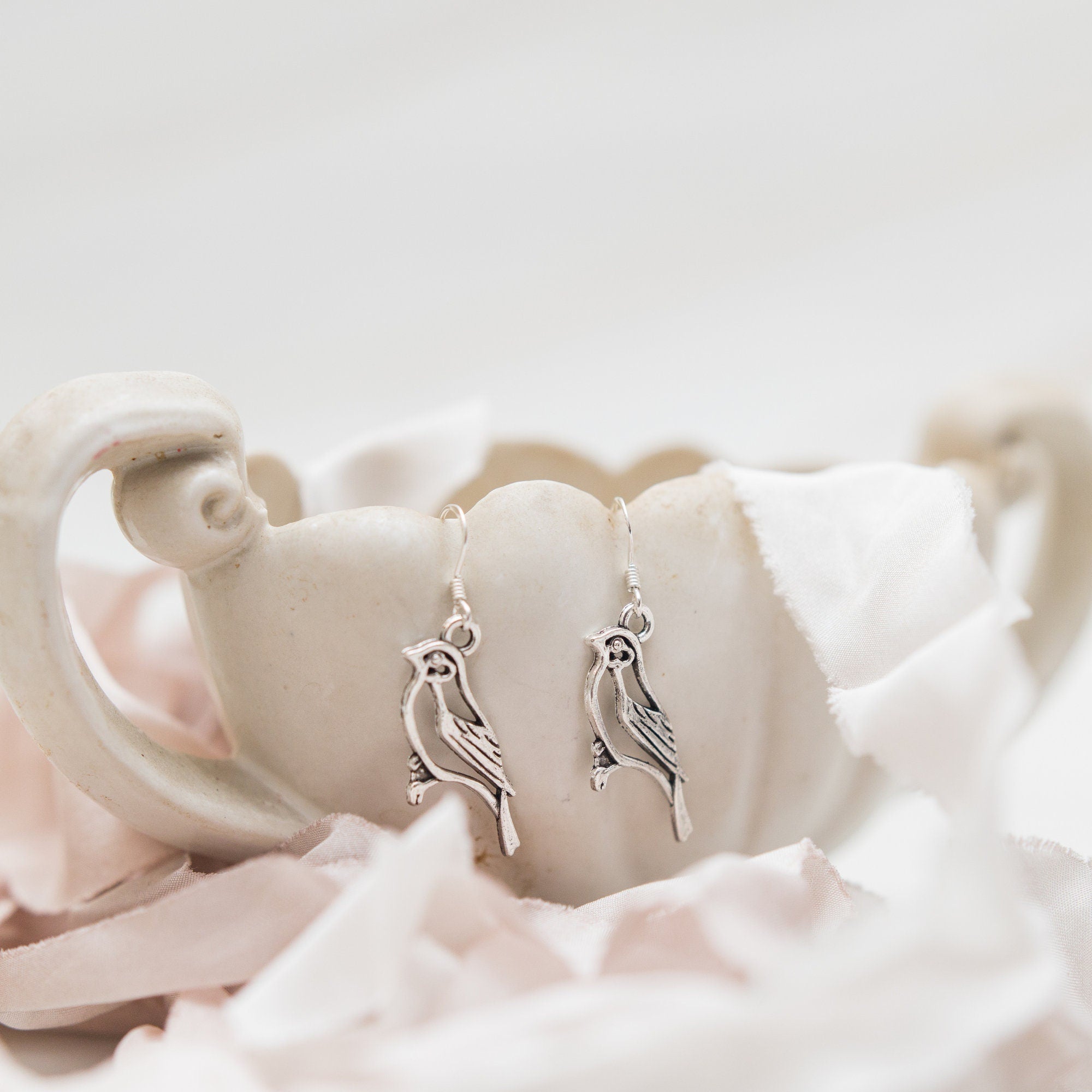 Bird earrings, bird jewellery, animal charm, drop dangle, 925 silver ear wires, women's jewellery, filigree pendant