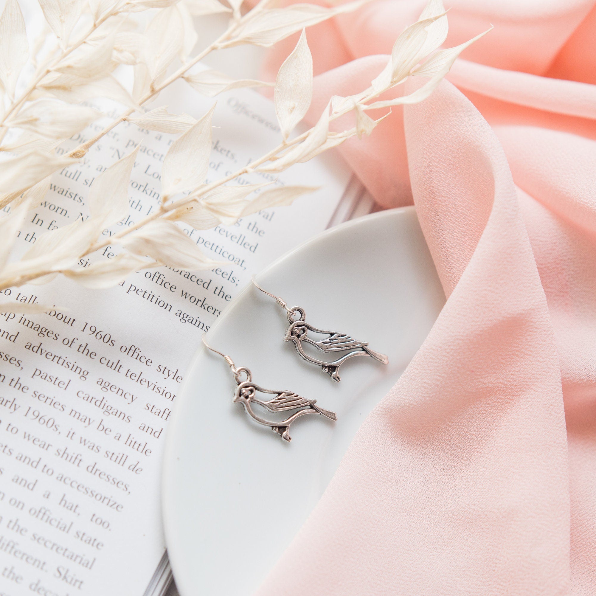 Bird earrings, bird jewellery, animal charm, drop dangle, 925 silver ear wires, women's jewellery, filigree pendant