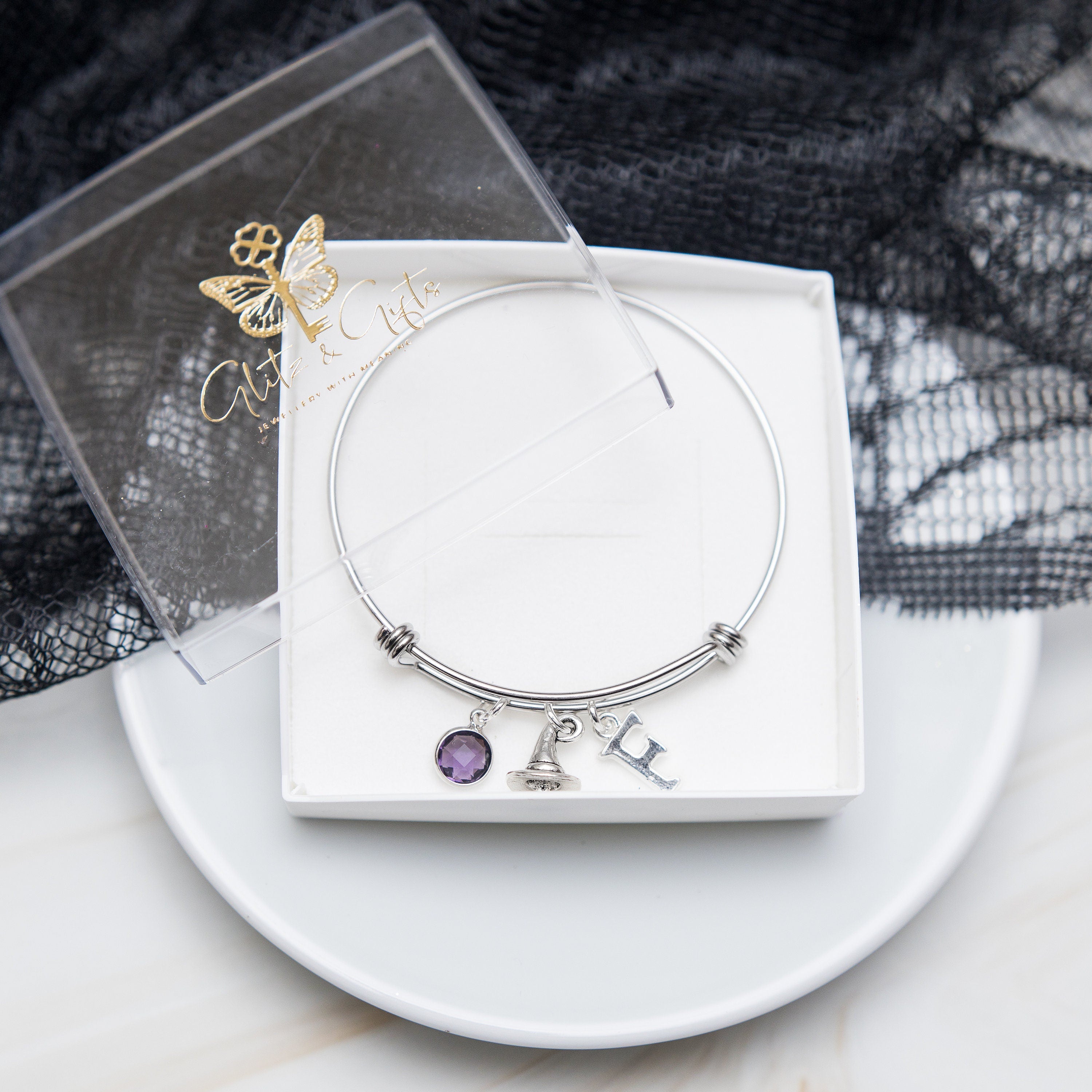 Witch hat bracelet, Wizard hat jewellery, Halloween bangle, personalised gifts, birthstone letter charm, witchy gifts, witch jewellery, goth