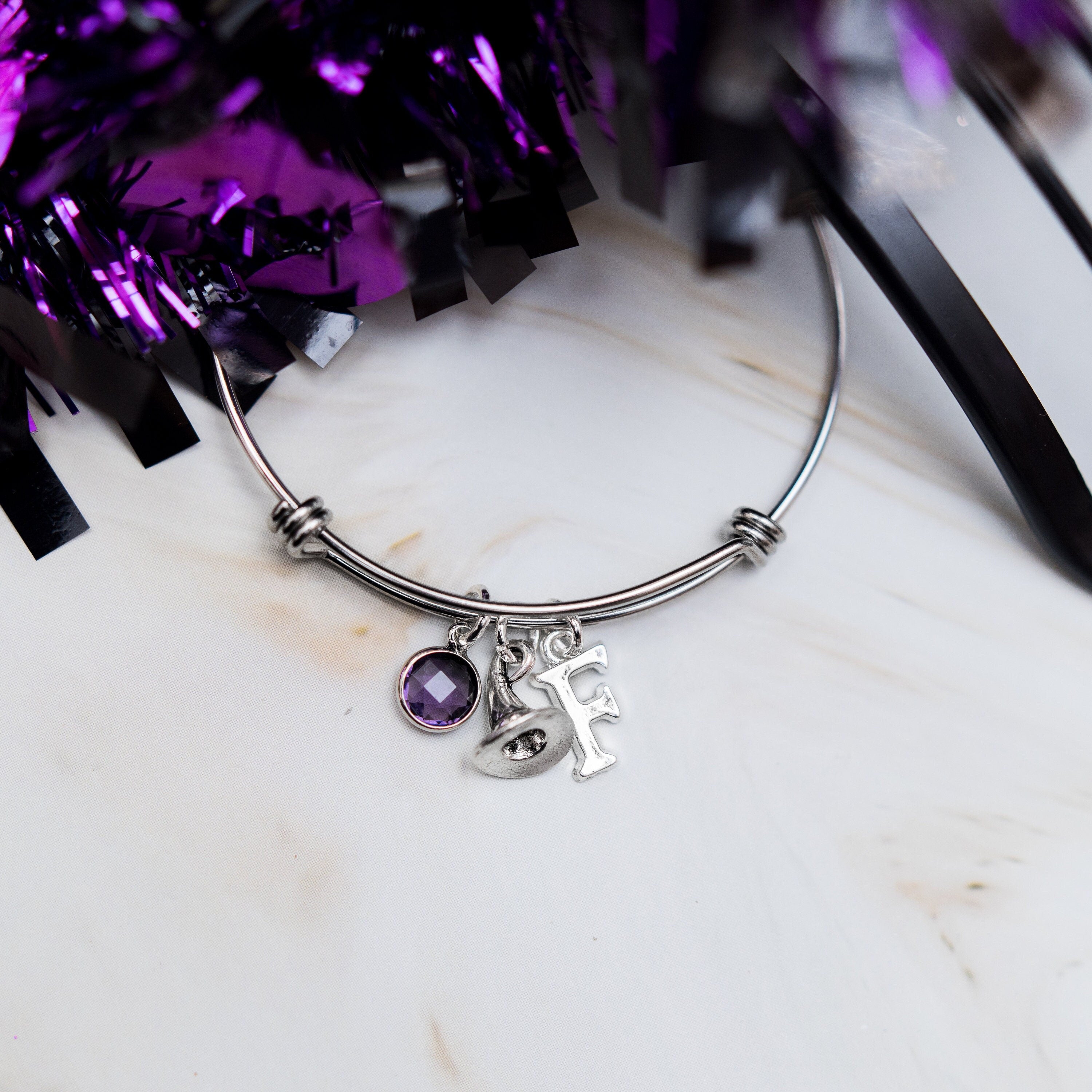 Witch hat bracelet, Wizard hat jewellery, Halloween bangle, personalised gifts, birthstone letter charm, witchy gifts, witch jewellery, goth