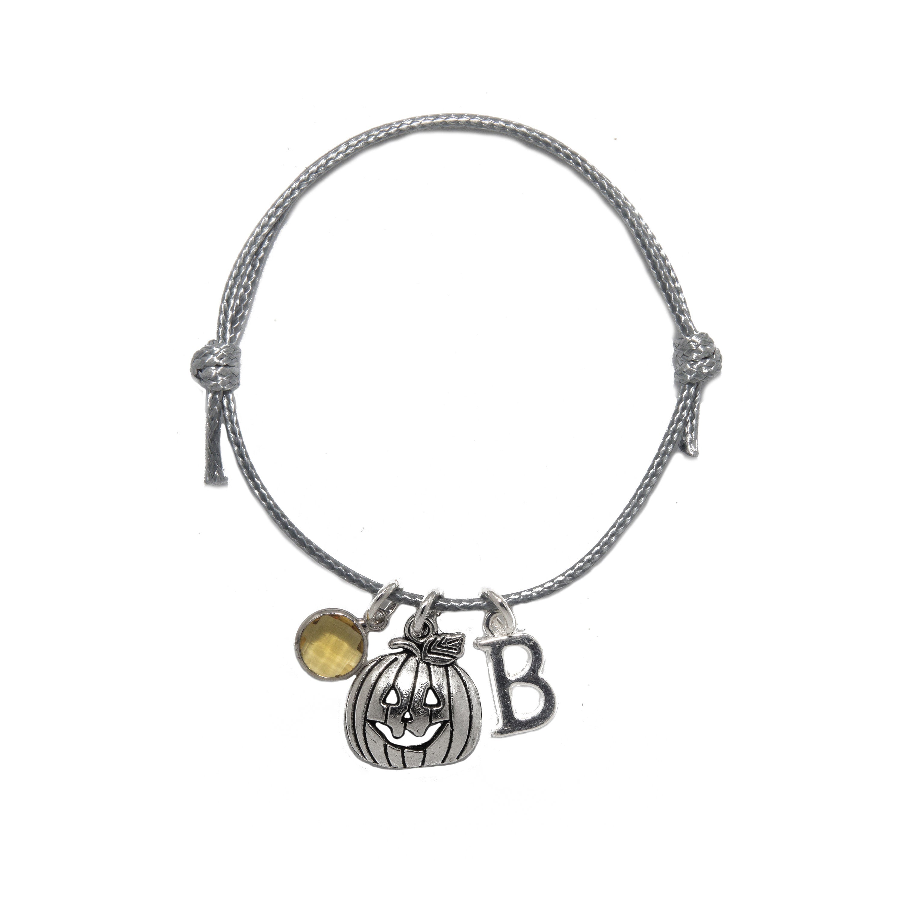 Pumpkin bracelet, adjustable waxed cord, personalised Halloween gifts, birthstone letter charms, jack o' lantern pendant, trick or treat