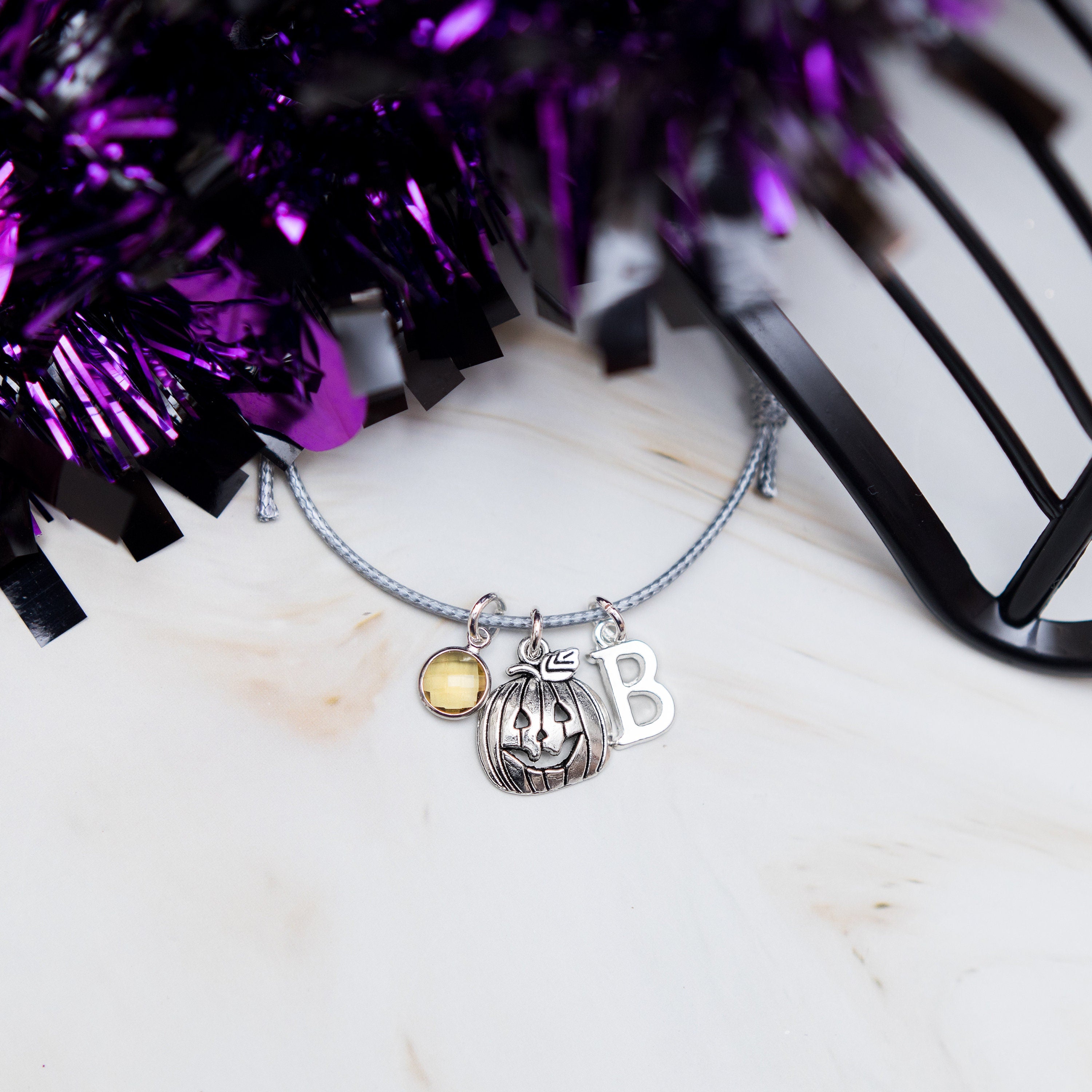 Pumpkin bracelet, adjustable waxed cord, personalised Halloween gifts, birthstone letter charms, jack o' lantern pendant, trick or treat