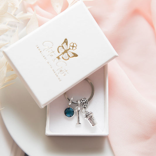 Coffee keyring, personalised gifts, birthstone and initial charms, coffee drinker gift, barista gifts