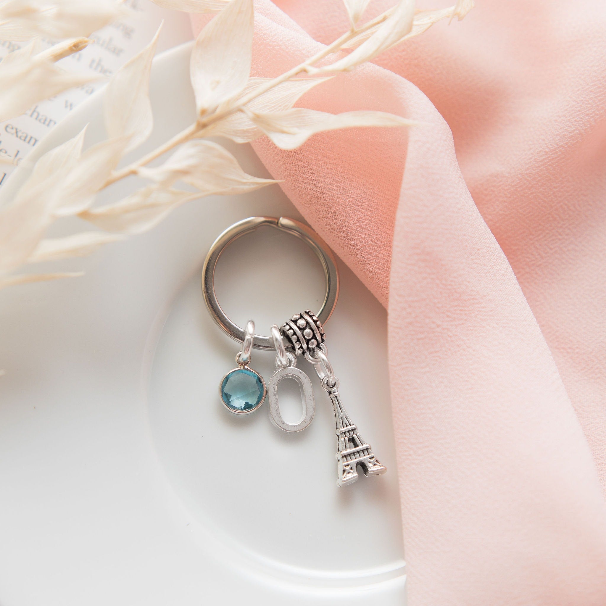 Paris keyring, Eiffel tower keychain, France trip reveal gifts, French theme style, personalised gifts, birthstone initial charms