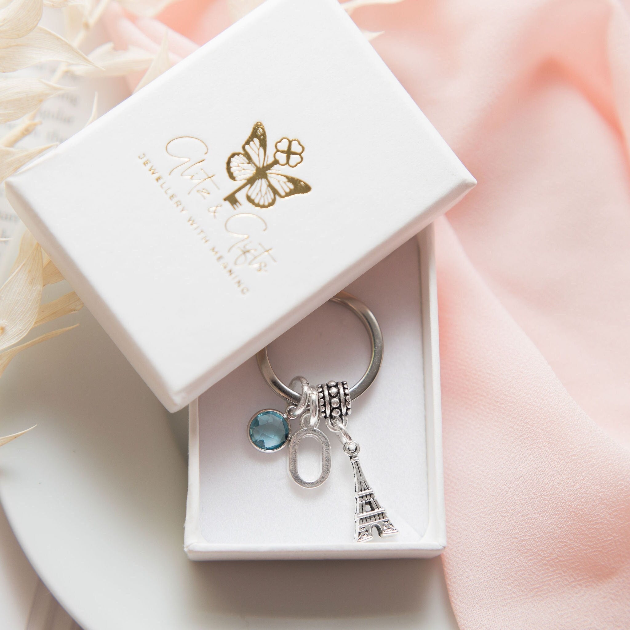 Paris keyring, Eiffel tower keychain, France trip reveal gifts, French theme style, personalised gifts, birthstone initial charms