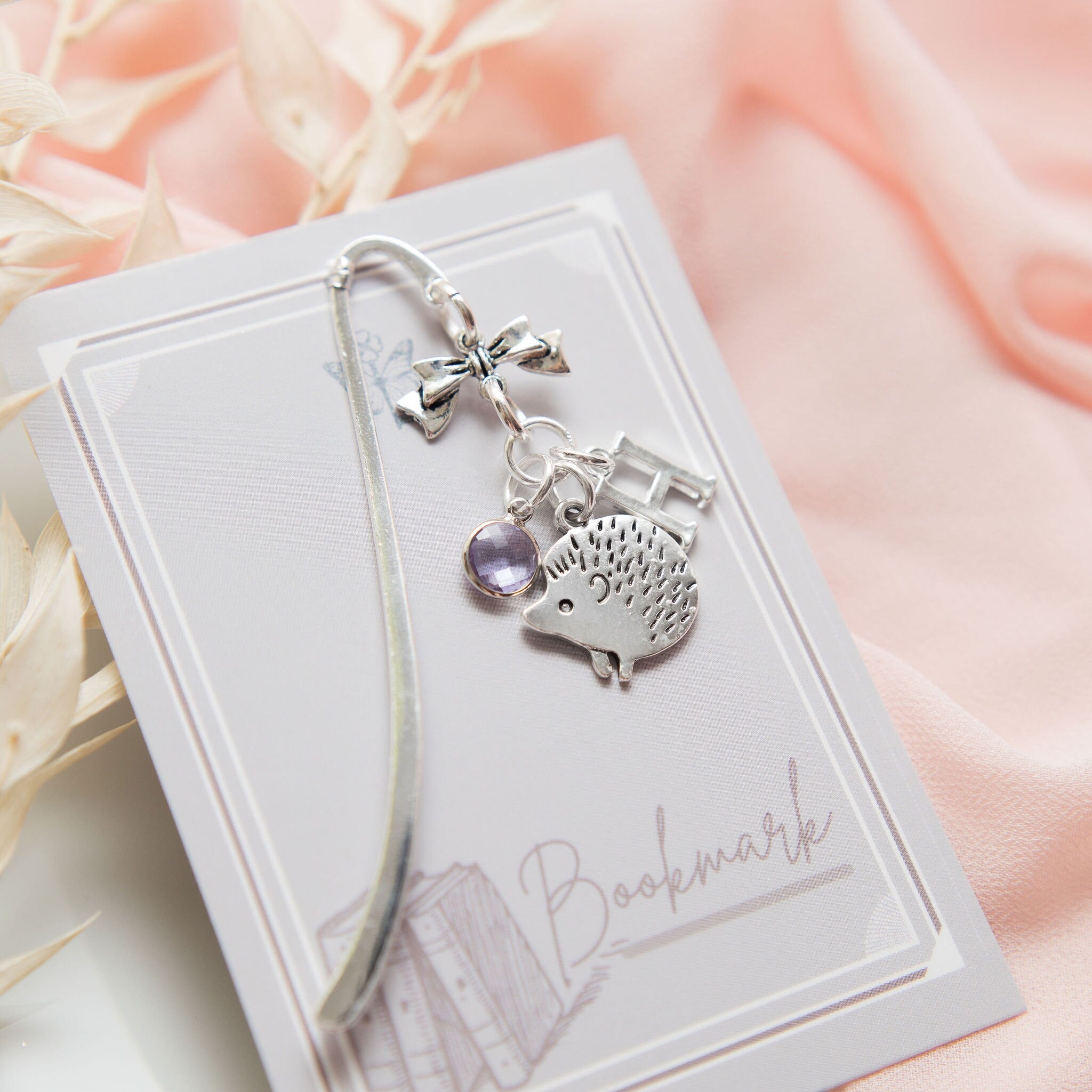 Hedgehog bookmark, woodland animal gifts, personalised hedgehog gift, birthstone initial, autumn gift, metal charm page marker