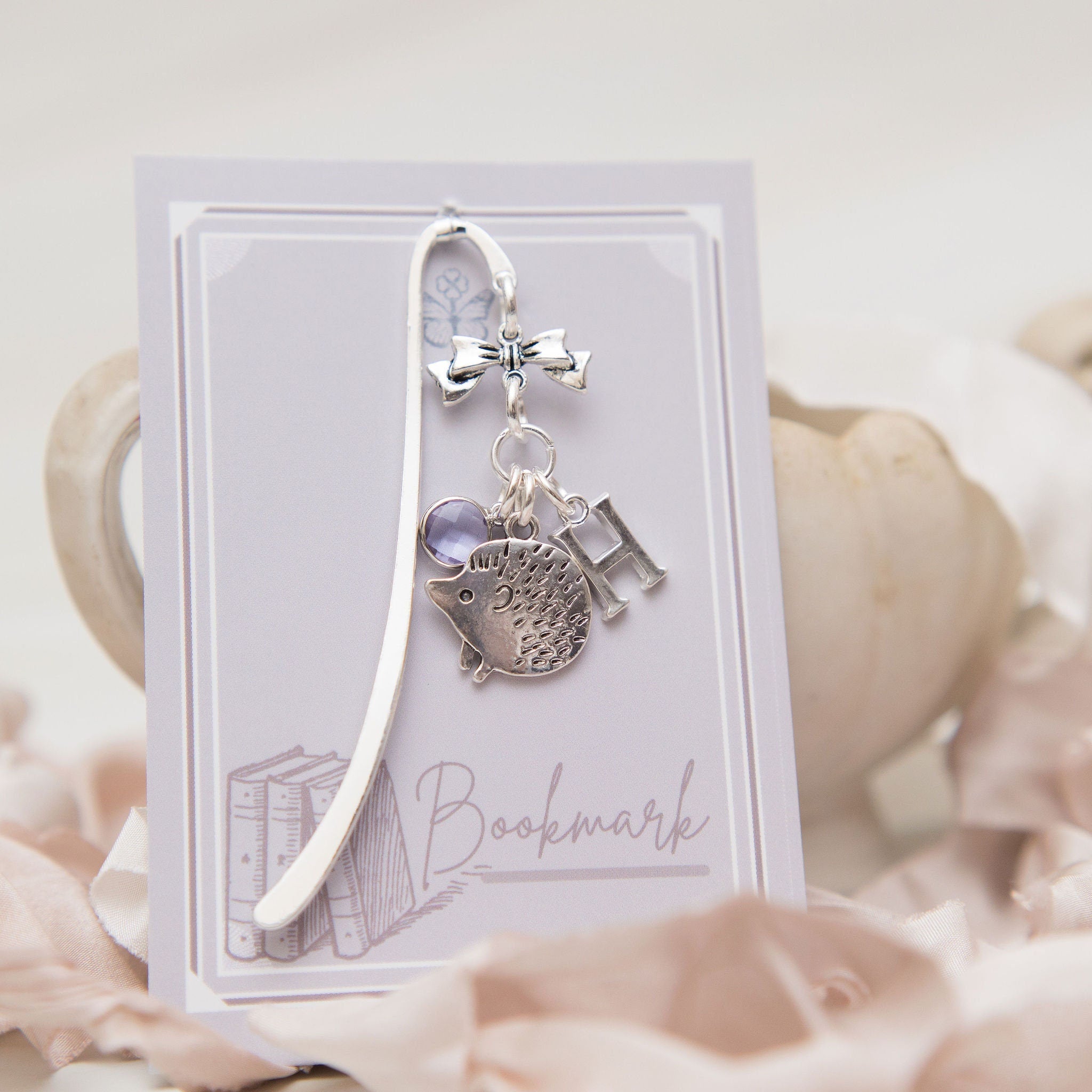 Hedgehog bookmark, woodland animal gifts, personalised hedgehog gift, birthstone initial, autumn gift, metal charm page marker