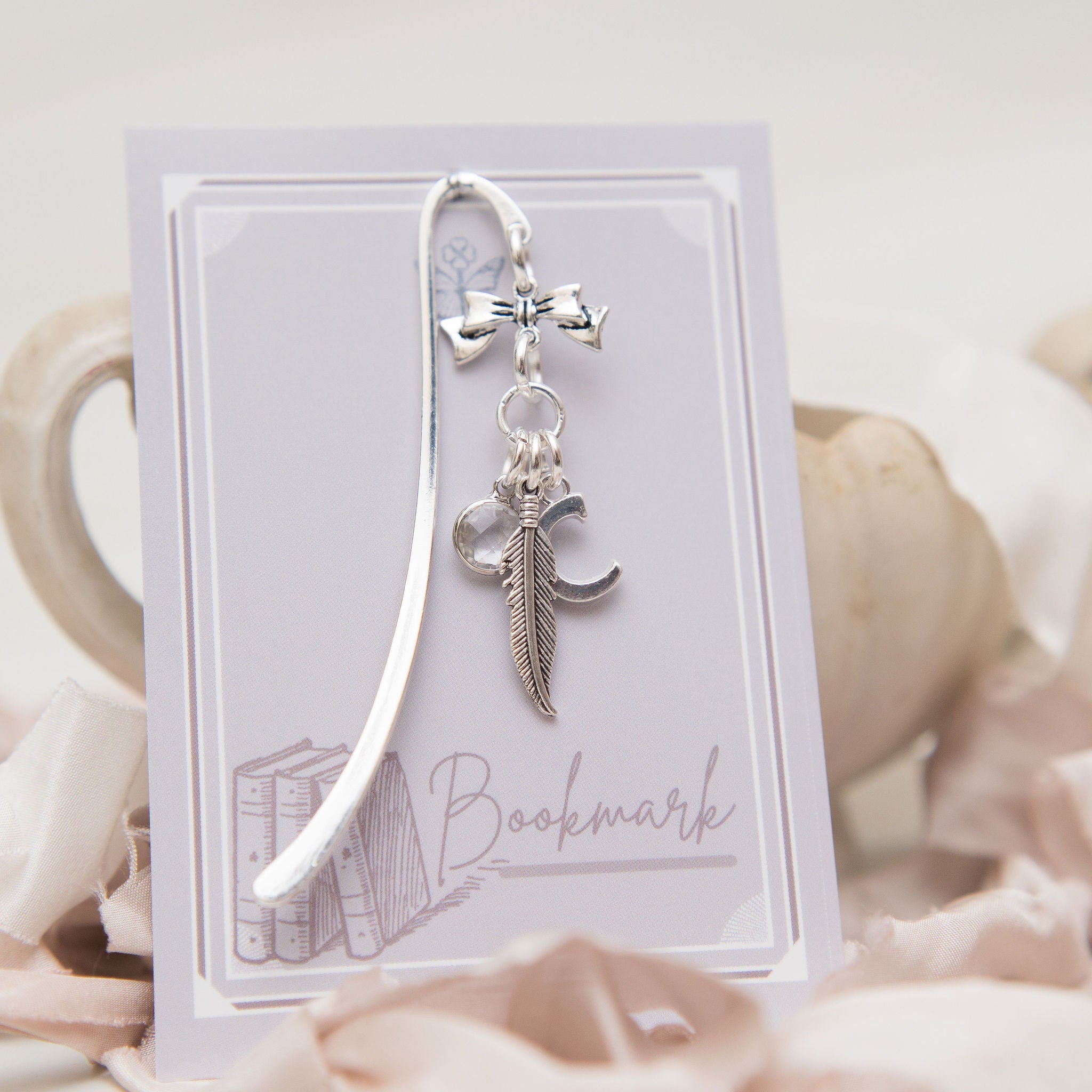 Feather bookmark, bird gifts, personalised gift, birthstone initial, remembrance gift, metal charm page marker, book lover gifts, reader