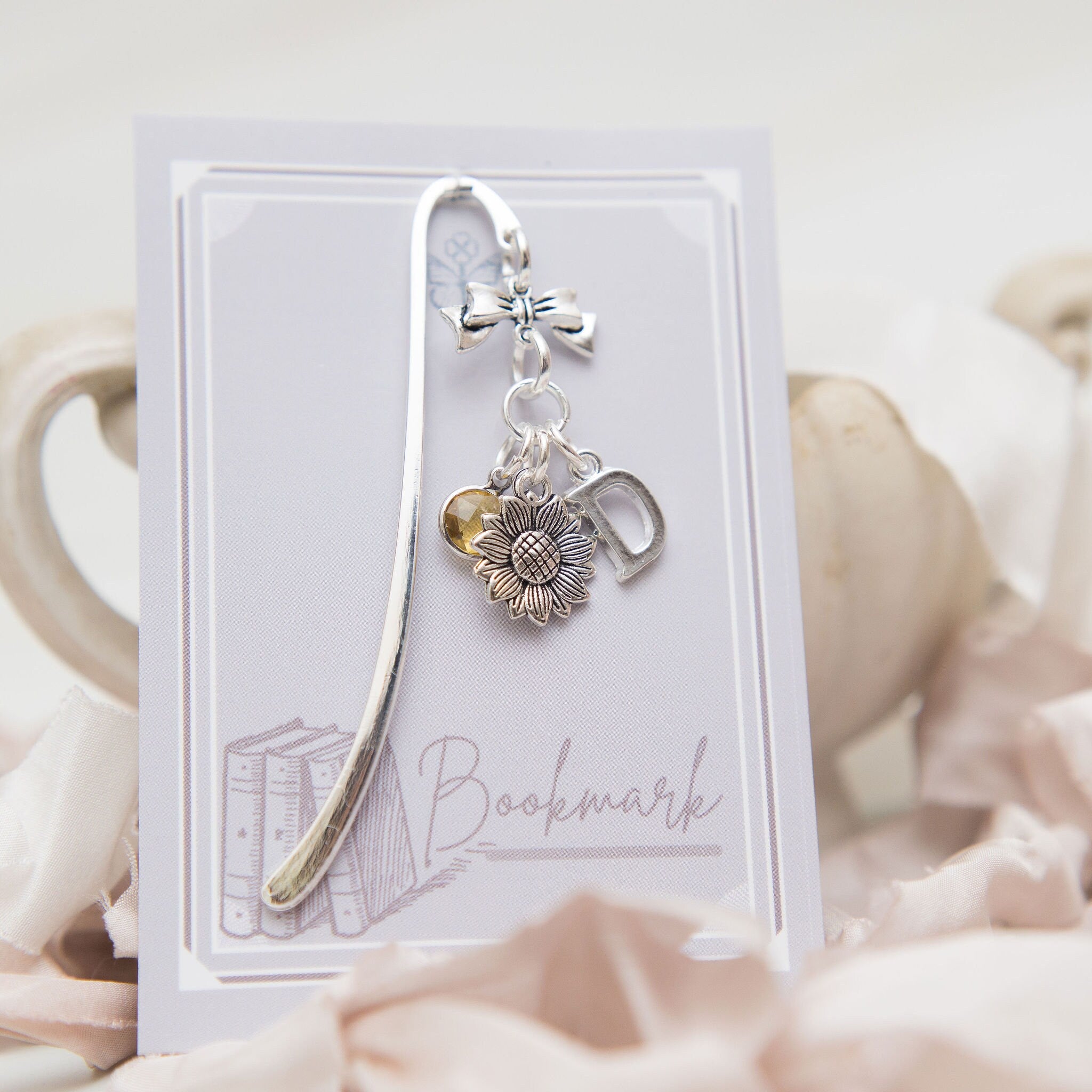 Sunflower bookmark, flower gifts, personalised gift, birthstone initial, gardener gift, book lover gifts, teacher, Christmas present