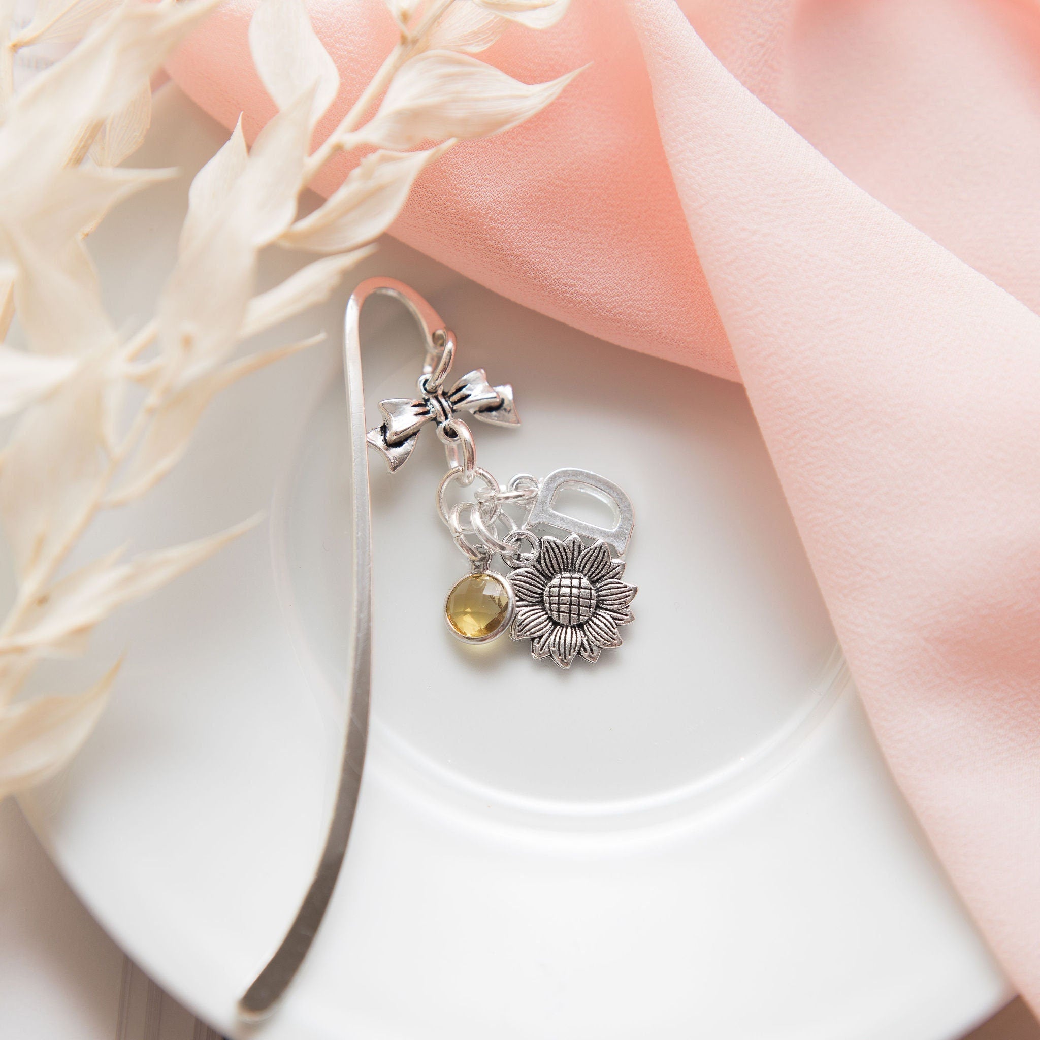 Sunflower bookmark, flower gifts, personalised gift, birthstone initial, gardener gift, book lover gifts, teacher, Christmas present